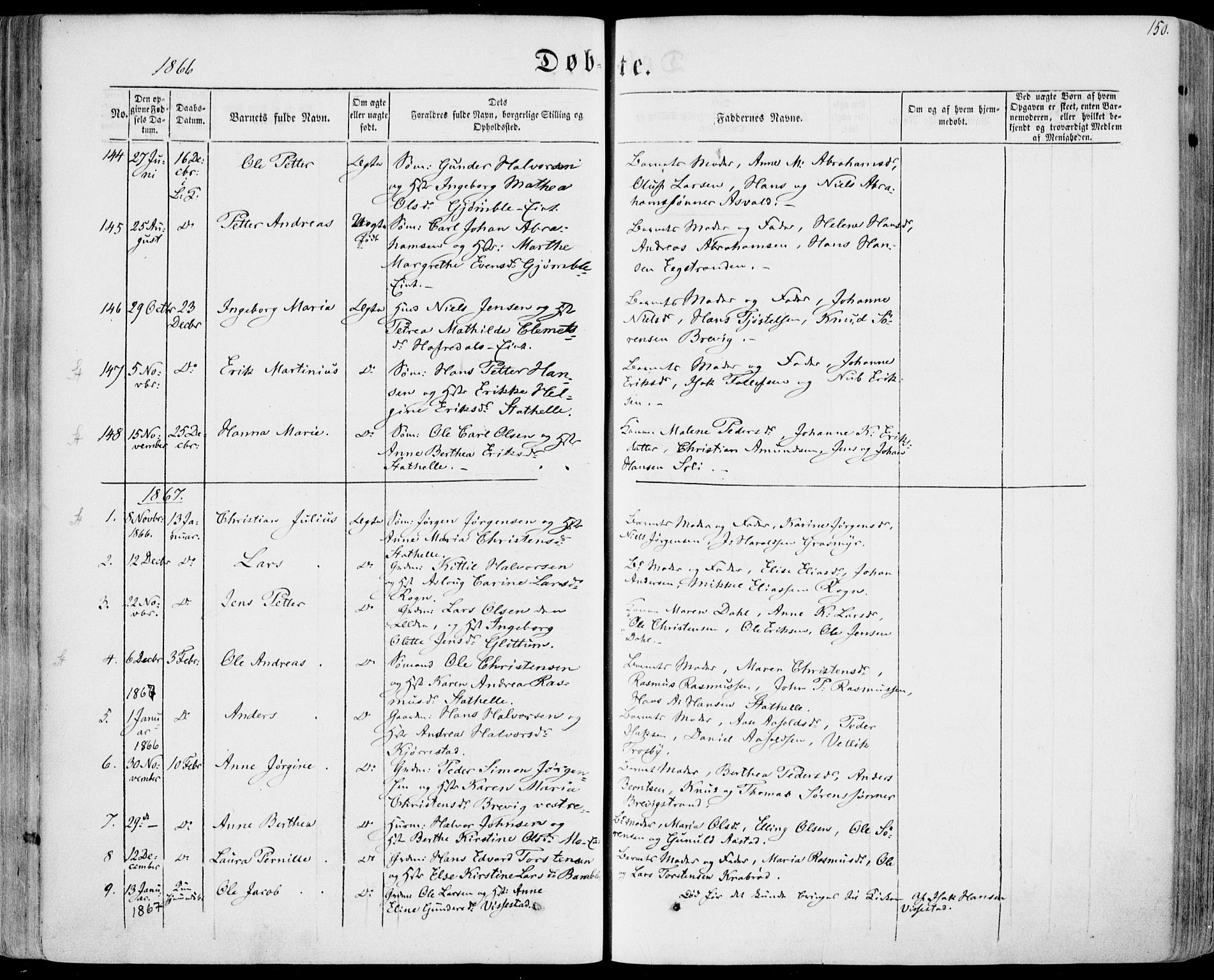 Bamble kirkebøker, SAKO/A-253/F/Fa/L0005: Parish register (official) no. I 5, 1854-1869, p. 150
