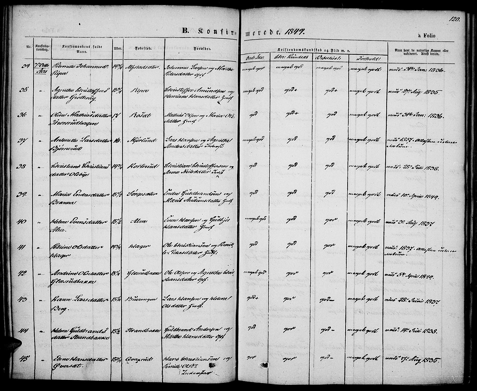 Vestre Toten prestekontor, AV/SAH-PREST-108/H/Ha/Haa/L0004: Parish register (official) no. 4, 1844-1849, p. 120