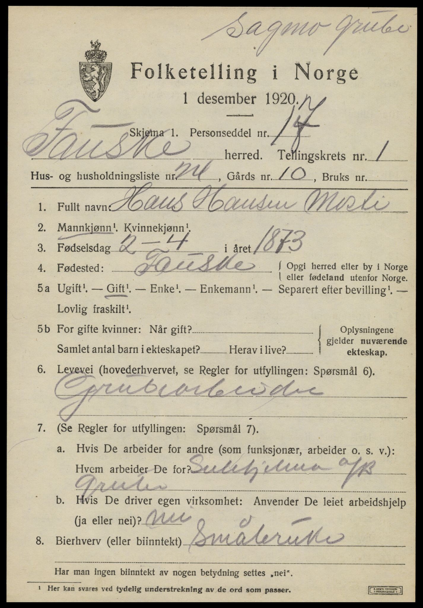 SAT, 1920 census for Fauske, 1920, p. 2890