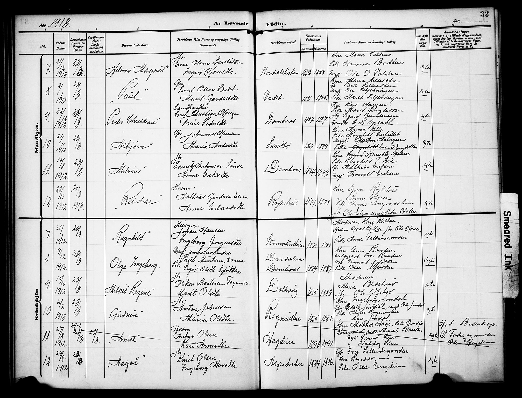 Dovre prestekontor, AV/SAH-PREST-066/H/Ha/Hab/L0003: Parish register (copy) no. 3, 1907-1929, p. 32