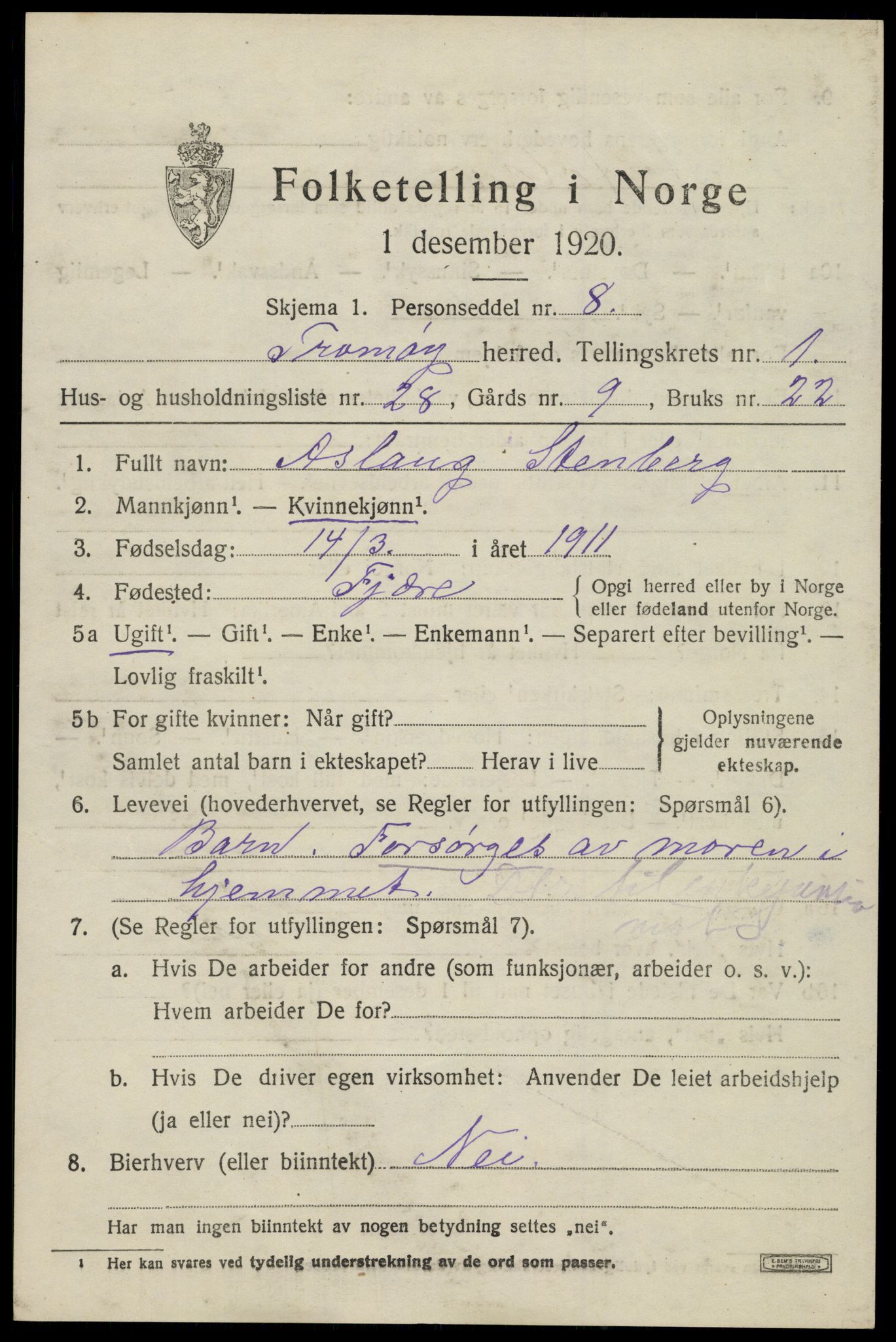 SAK, 1920 census for Tromøy, 1920, p. 1291