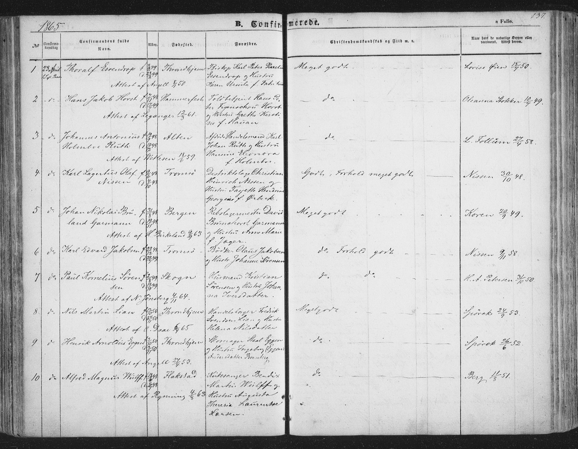 Tromsø sokneprestkontor/stiftsprosti/domprosti, AV/SATØ-S-1343/G/Ga/L0011kirke: Parish register (official) no. 11, 1856-1865, p. 137