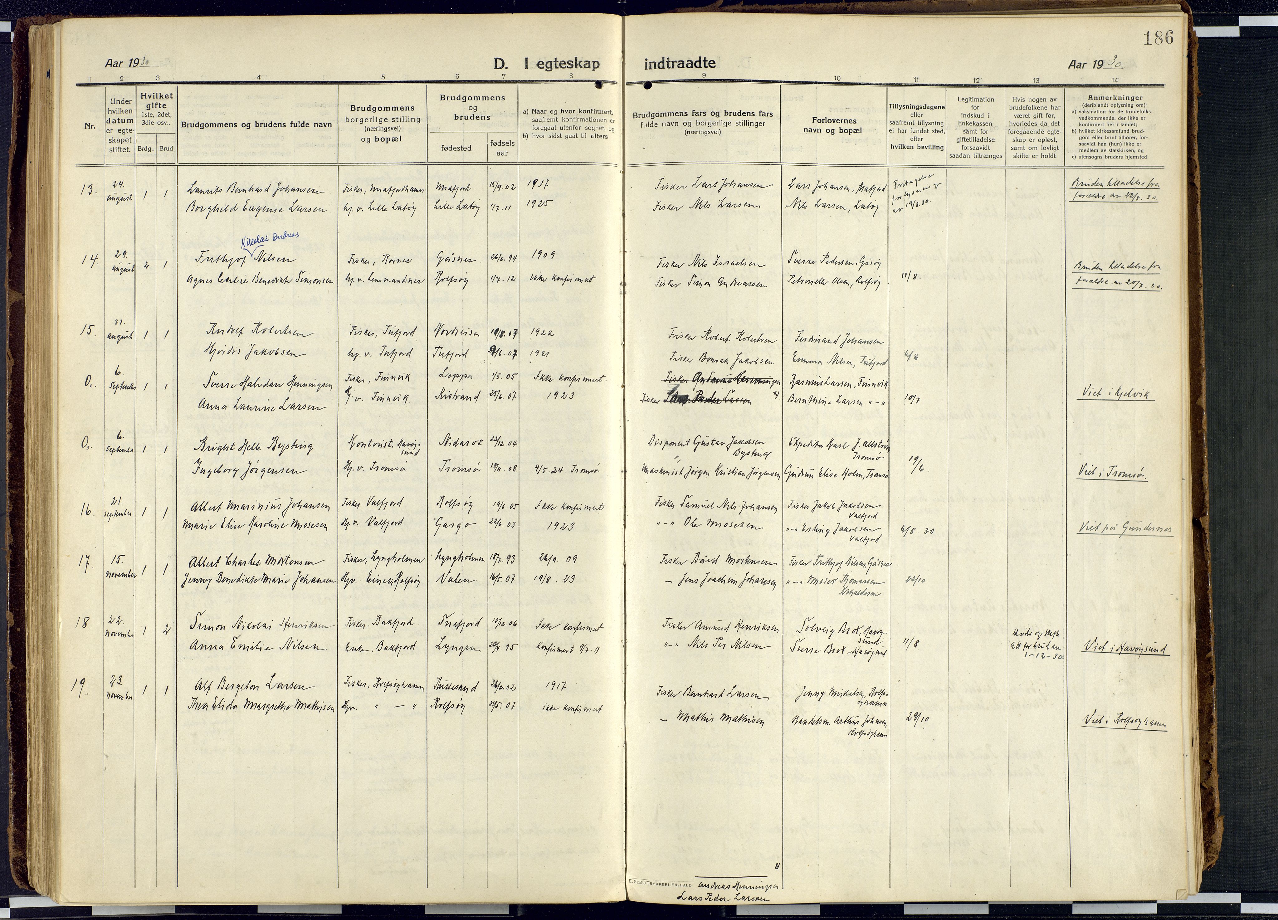 Måsøy sokneprestkontor, AV/SATØ-S-1348/H/Ha/L0010kirke: Parish register (official) no. 10, 1915-1933, p. 186