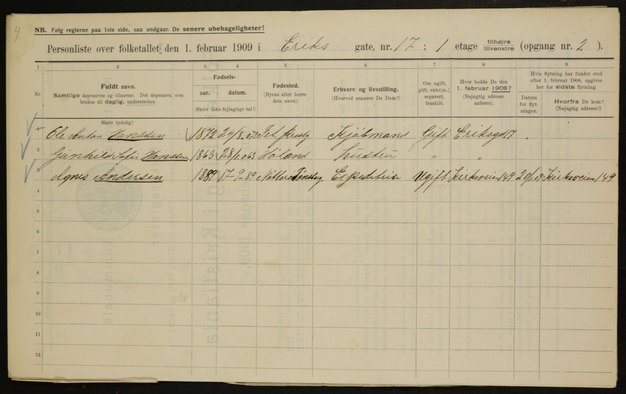 OBA, Municipal Census 1909 for Kristiania, 1909, p. 18160