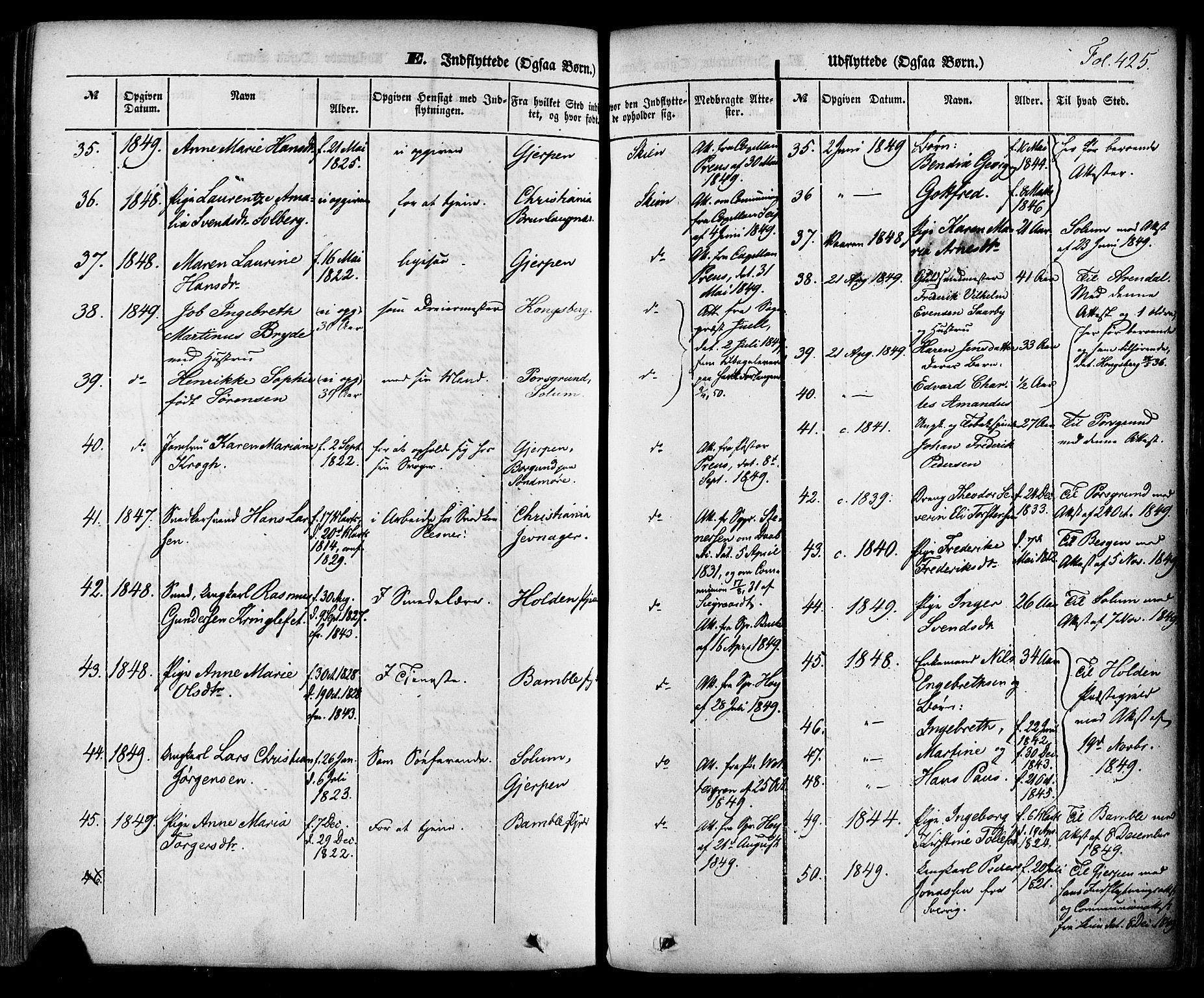 Skien kirkebøker, AV/SAKO-A-302/F/Fa/L0006a: Parish register (official) no. 6A, 1843-1856, p. 425