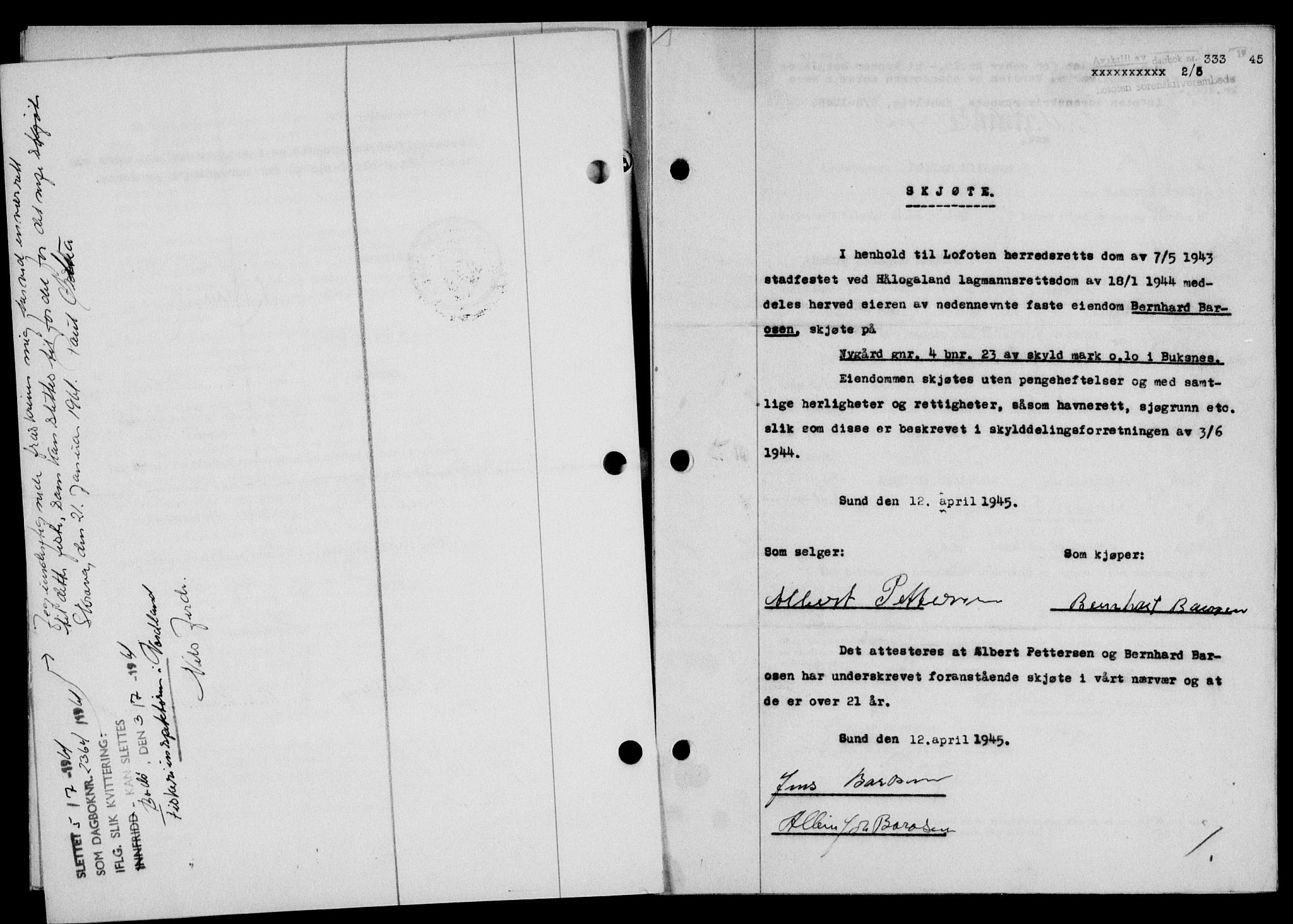 Lofoten sorenskriveri, SAT/A-0017/1/2/2C/L0013a: Mortgage book no. 13a, 1944-1946, Diary no: : 333/1945