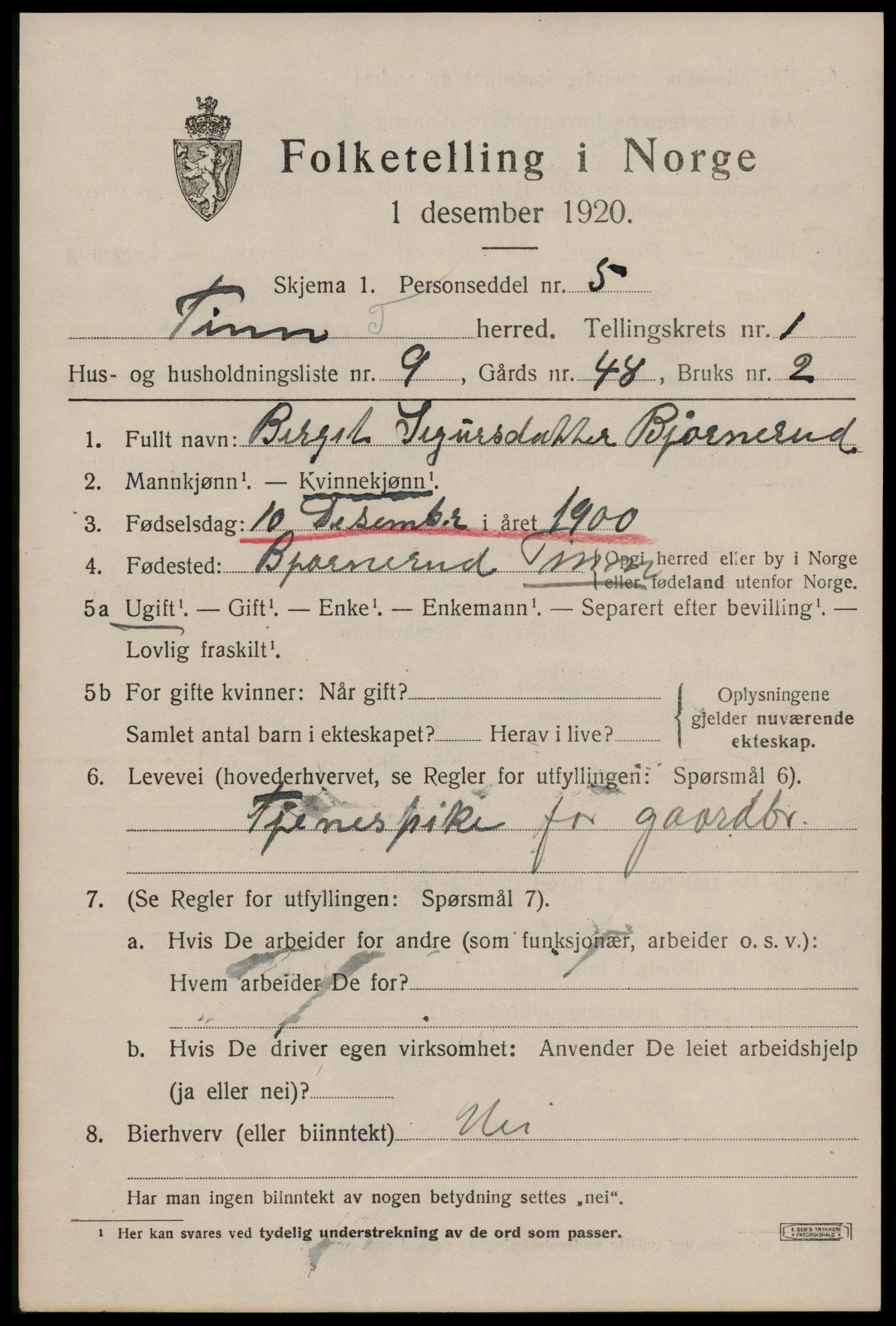 SAKO, 1920 census for Tinn, 1920, p. 2794