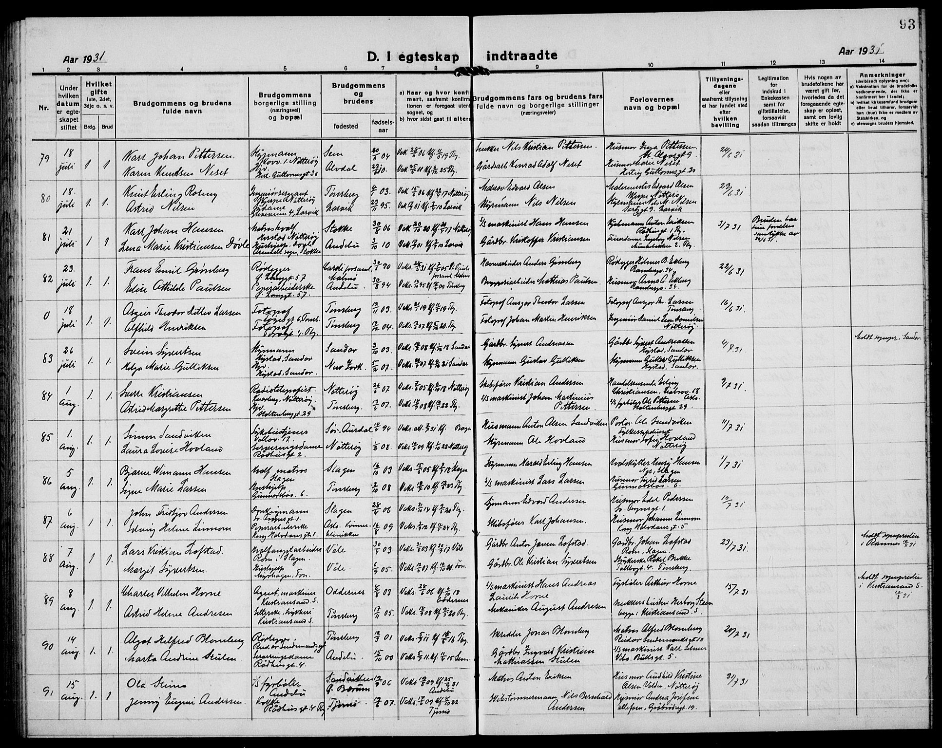 Tønsberg kirkebøker, AV/SAKO-A-330/G/Ga/L0016: Parish register (copy) no. 16, 1920-1933, p. 93