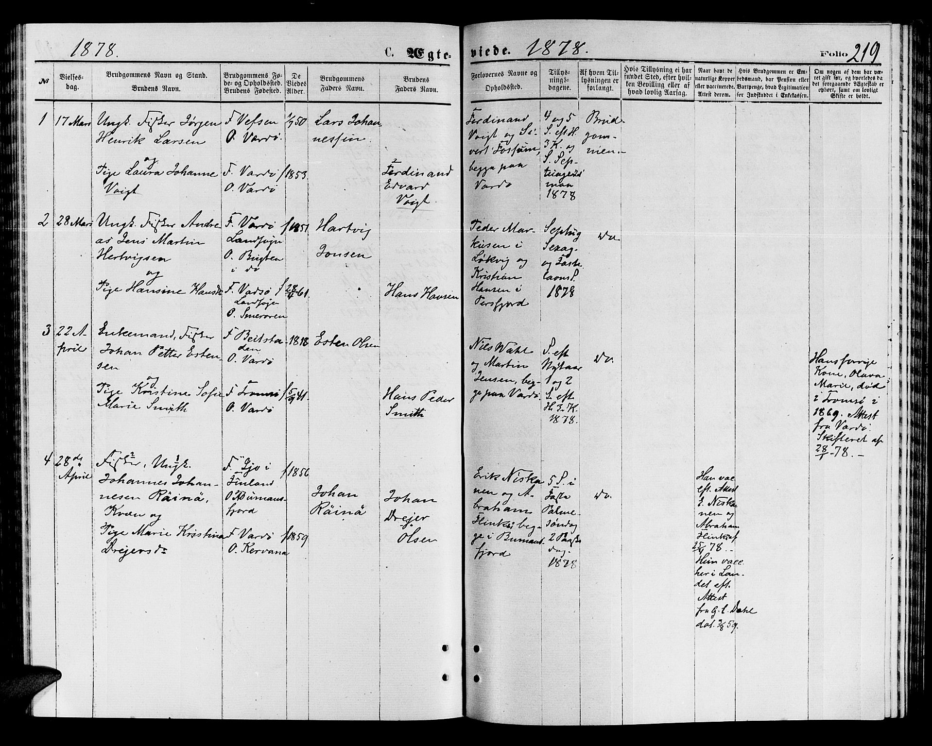 Vardø sokneprestkontor, SATØ/S-1332/H/Hb/L0003klokker: Parish register (copy) no. 3, 1871-1878, p. 219