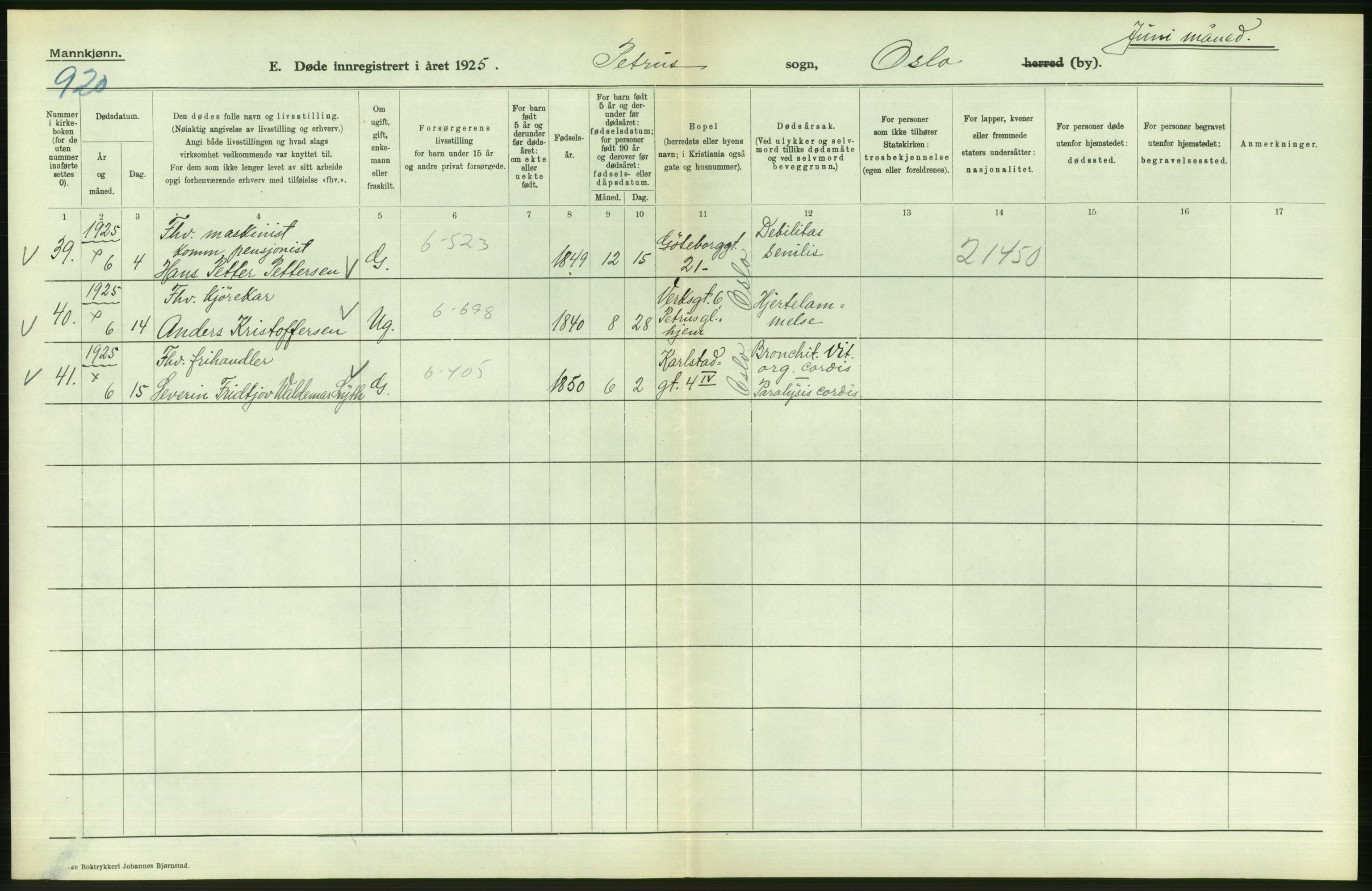 Statistisk sentralbyrå, Sosiodemografiske emner, Befolkning, AV/RA-S-2228/D/Df/Dfc/Dfce/L0009: Oslo: Døde menn, 1925, p. 14