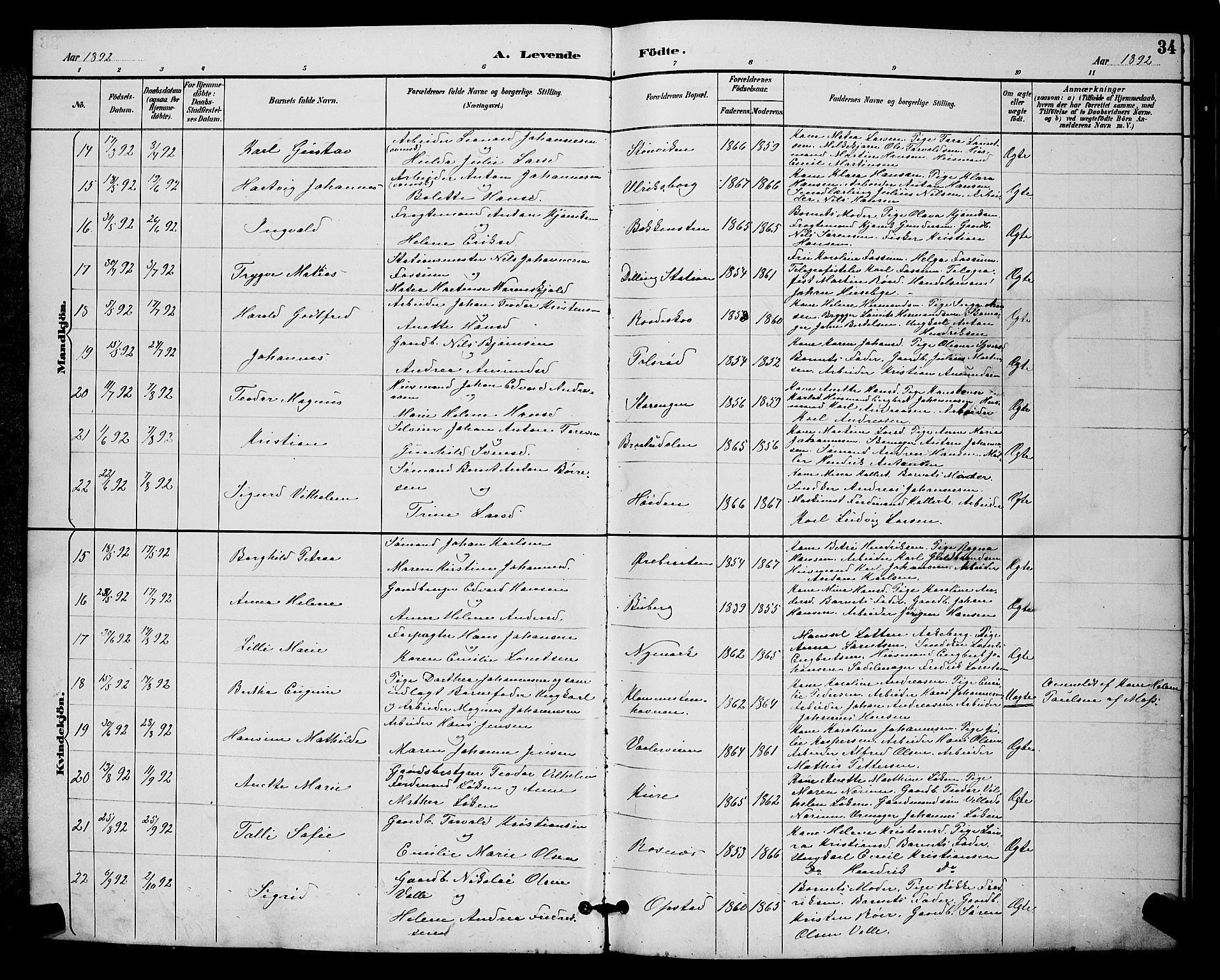 Rygge prestekontor Kirkebøker, AV/SAO-A-10084b/G/Ga/L0002: Parish register (copy) no. 2, 1887-1905, p. 34