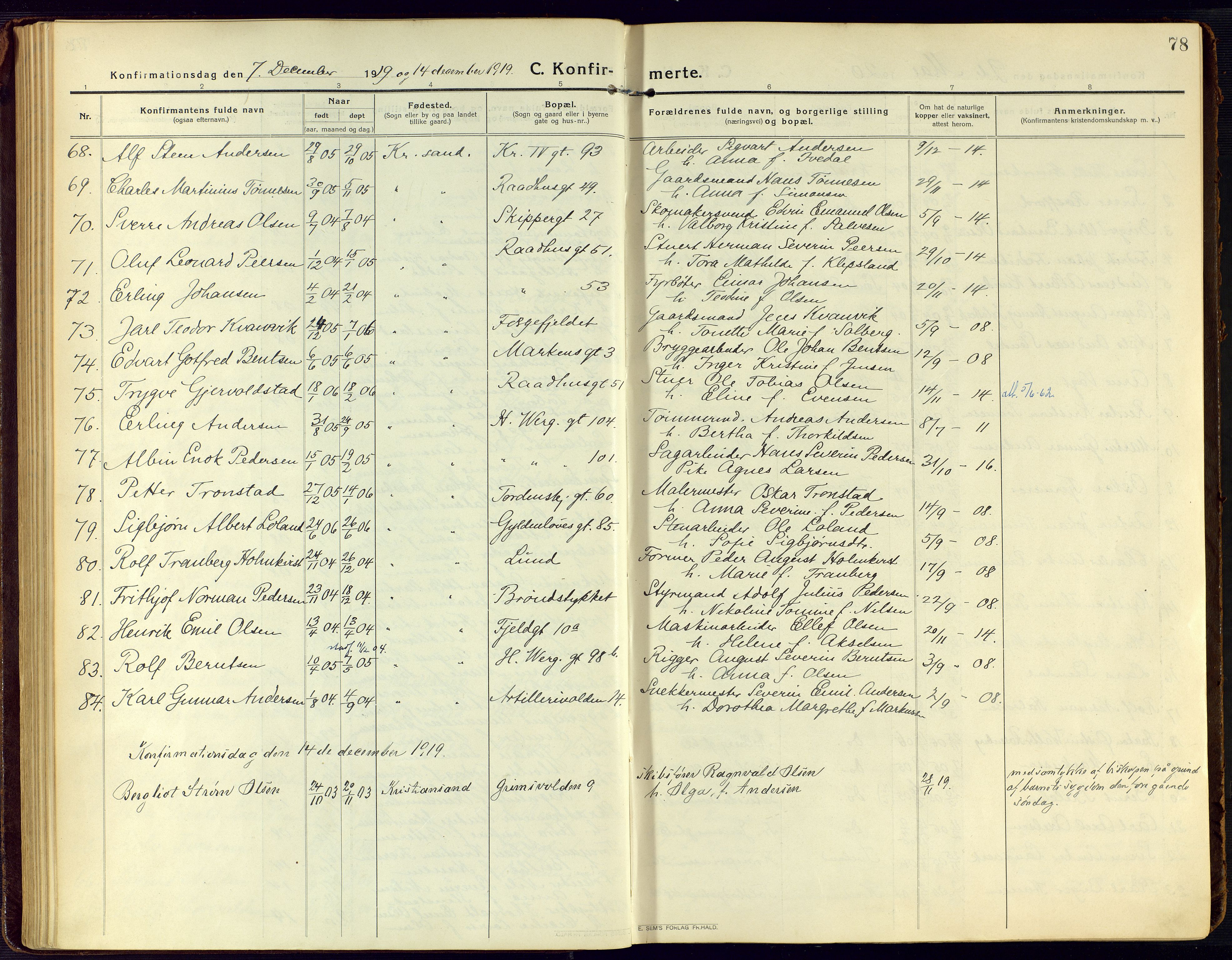Kristiansand domprosti, SAK/1112-0006/F/Fa/L0026: Parish register (official) no. A 25, 1916-1928, p. 78
