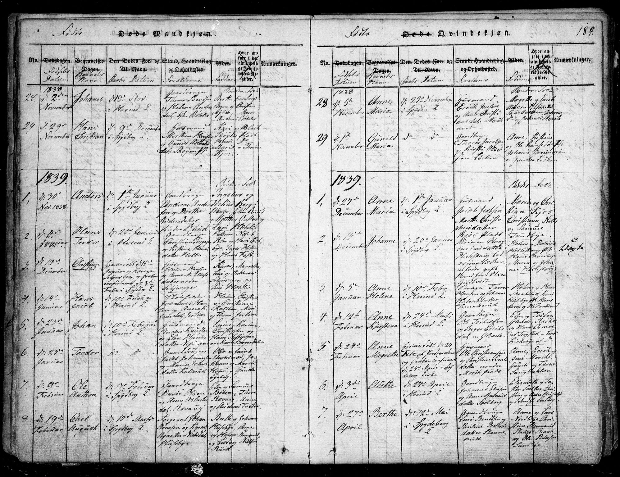 Spydeberg prestekontor Kirkebøker, AV/SAO-A-10924/G/Ga/L0001: Parish register (copy) no. I 1, 1814-1868, p. 184