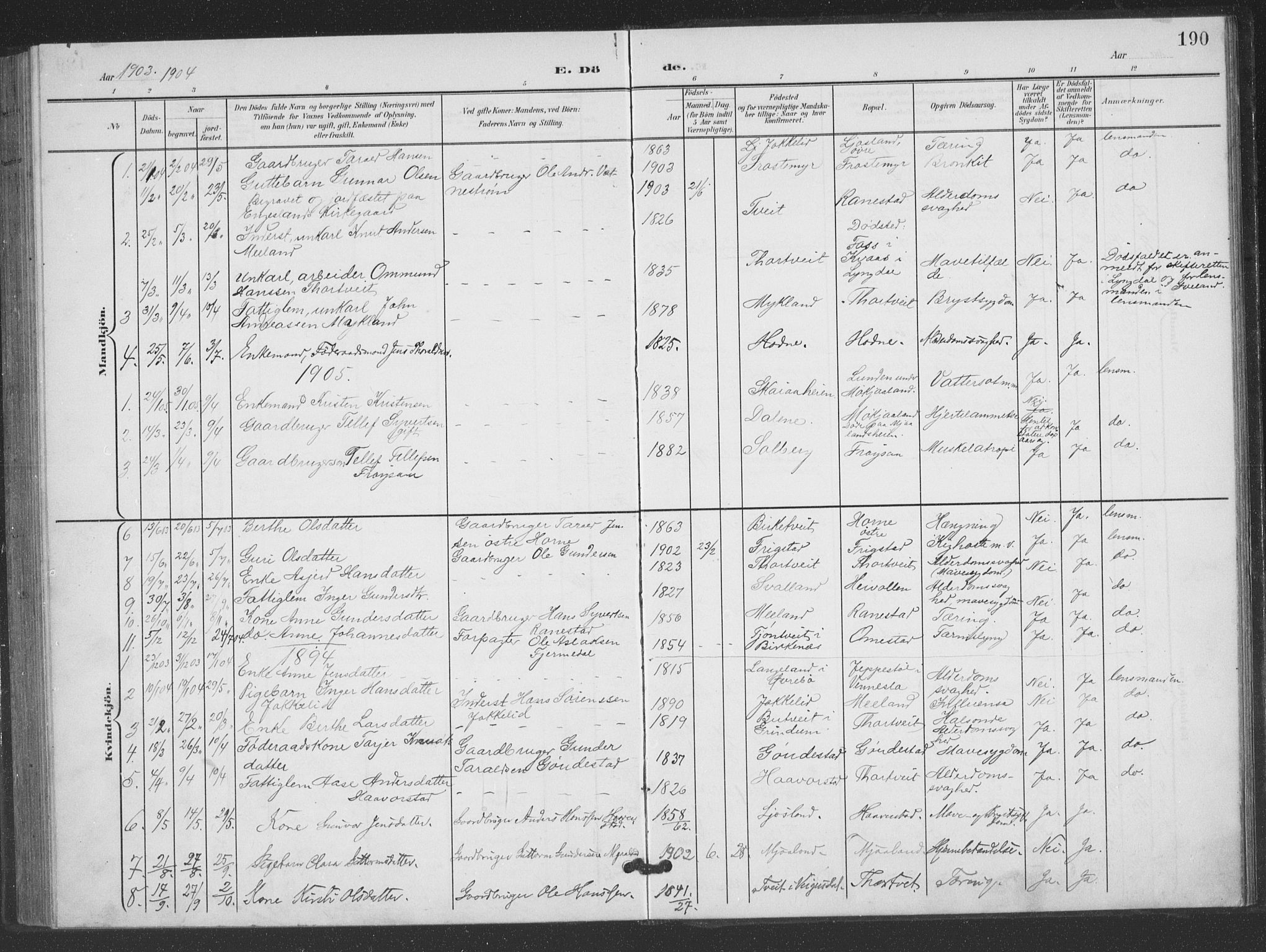 Evje sokneprestkontor, SAK/1111-0008/F/Fb/Fbc/L0005: Parish register (copy) no. B 5, 1901-1935, p. 190