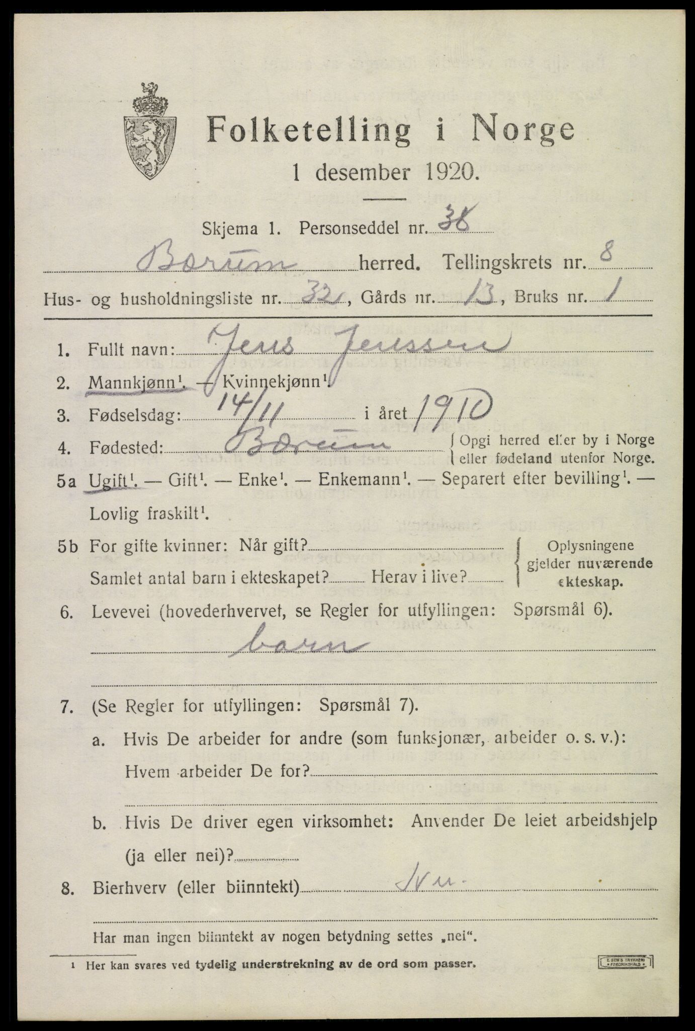 SAO, 1920 census for Bærum, 1920, p. 18922