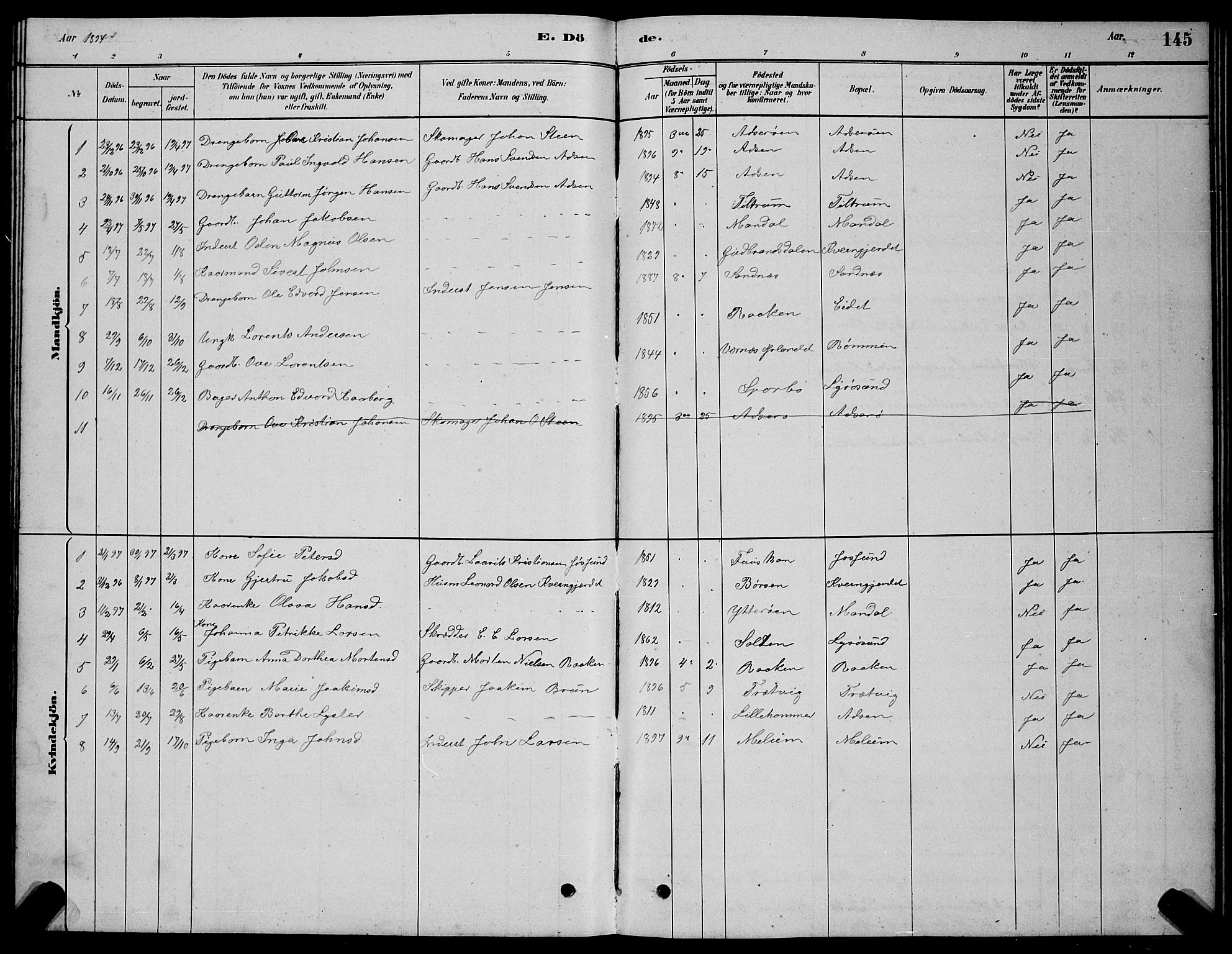 Ministerialprotokoller, klokkerbøker og fødselsregistre - Sør-Trøndelag, AV/SAT-A-1456/654/L0665: Parish register (copy) no. 654C01, 1879-1901, p. 145