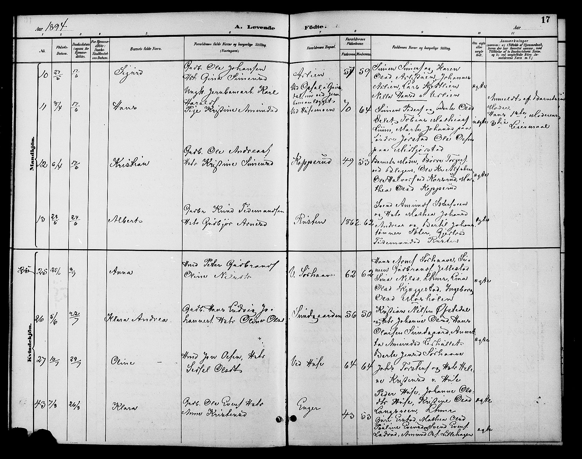 Fåberg prestekontor, AV/SAH-PREST-086/H/Ha/Hab/L0010: Parish register (copy) no. 10, 1892-1900, p. 17