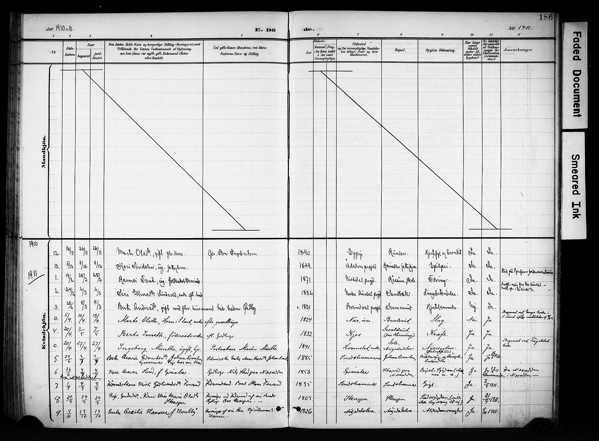 Brandbu prestekontor, AV/SAH-PREST-114/H/Ha/Haa/L0001: Parish register (official) no. 1, 1900-1912, p. 186