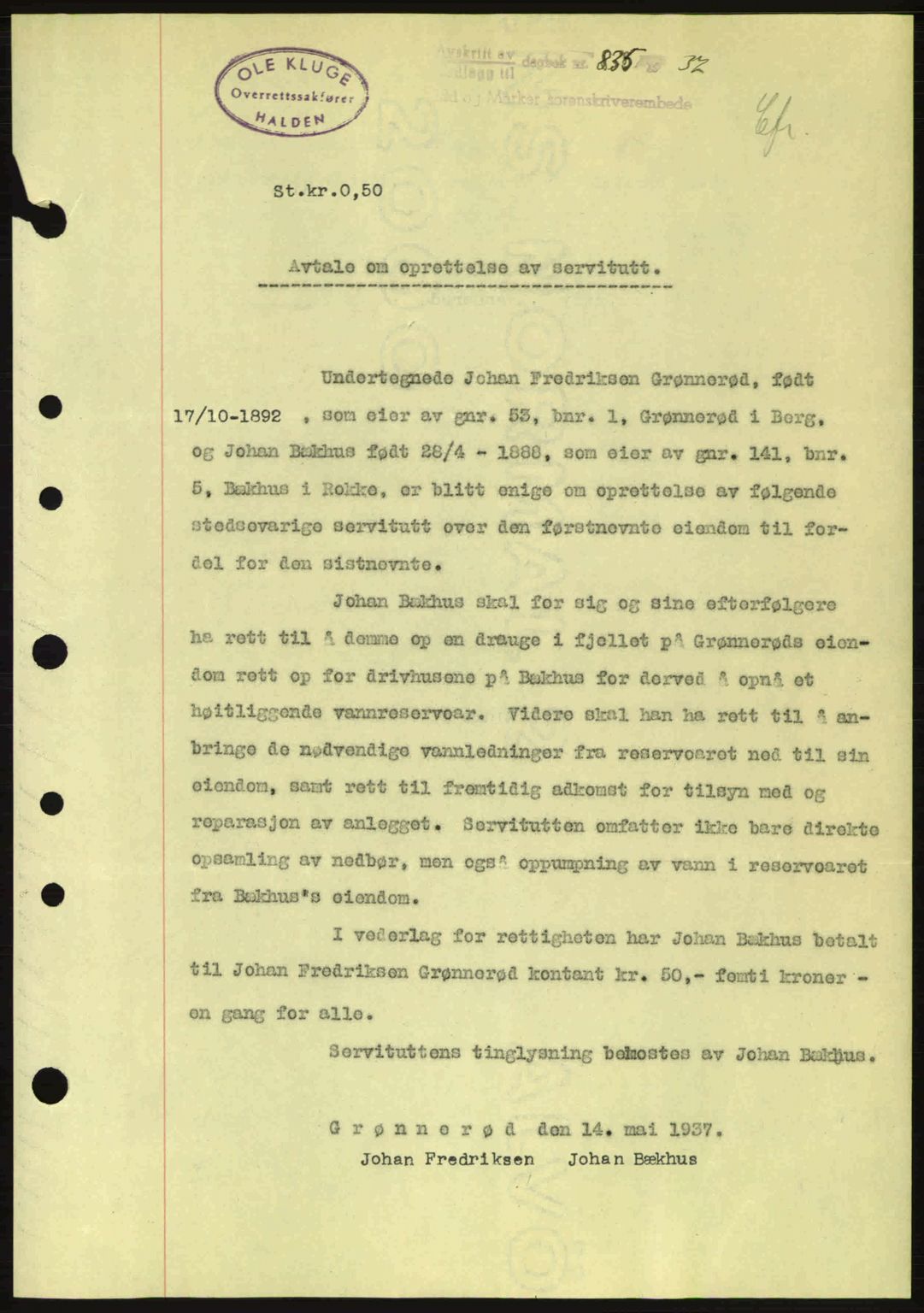 Idd og Marker sorenskriveri, AV/SAO-A-10283/G/Gb/Gbc/L0001: Mortgage book no. B1-3, 1936-1939, Diary no: : 835/1937