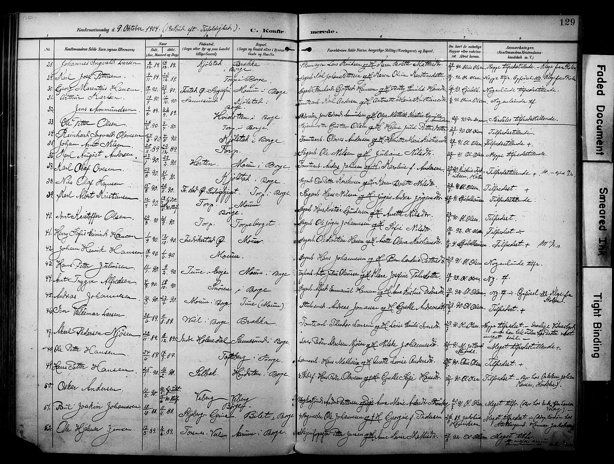 Borge prestekontor Kirkebøker, AV/SAO-A-10903/F/Fa/L0009: Parish register (official) no. I 9, 1902-1911, p. 129