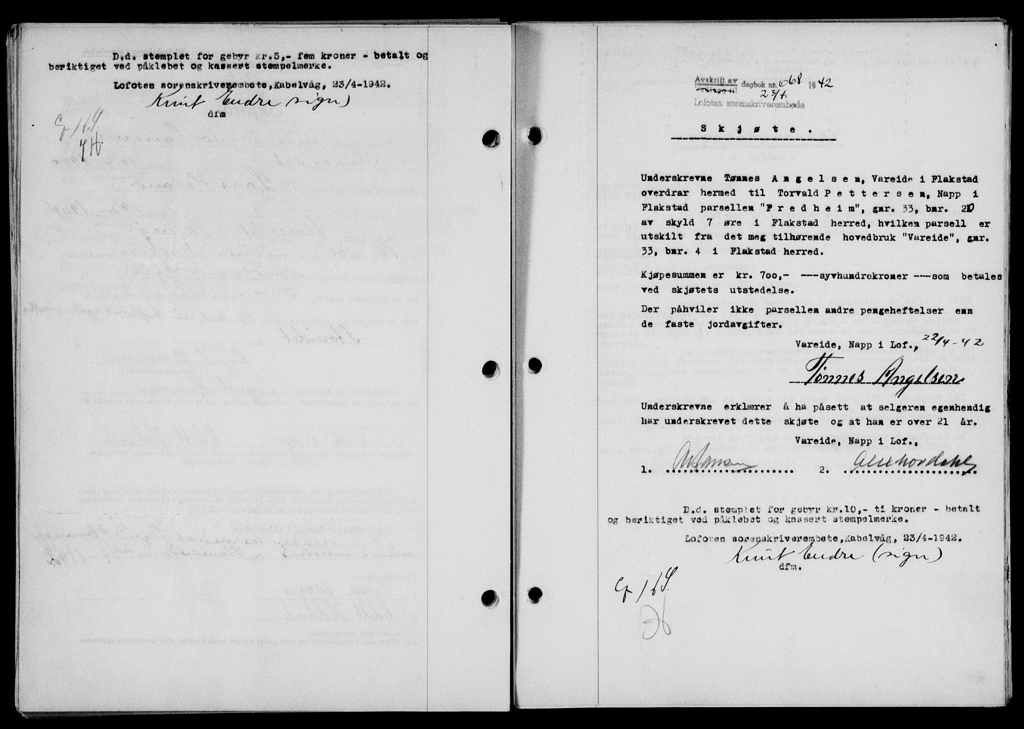 Lofoten sorenskriveri, SAT/A-0017/1/2/2C/L0009a: Mortgage book no. 9a, 1941-1942, Diary no: : 668/1942