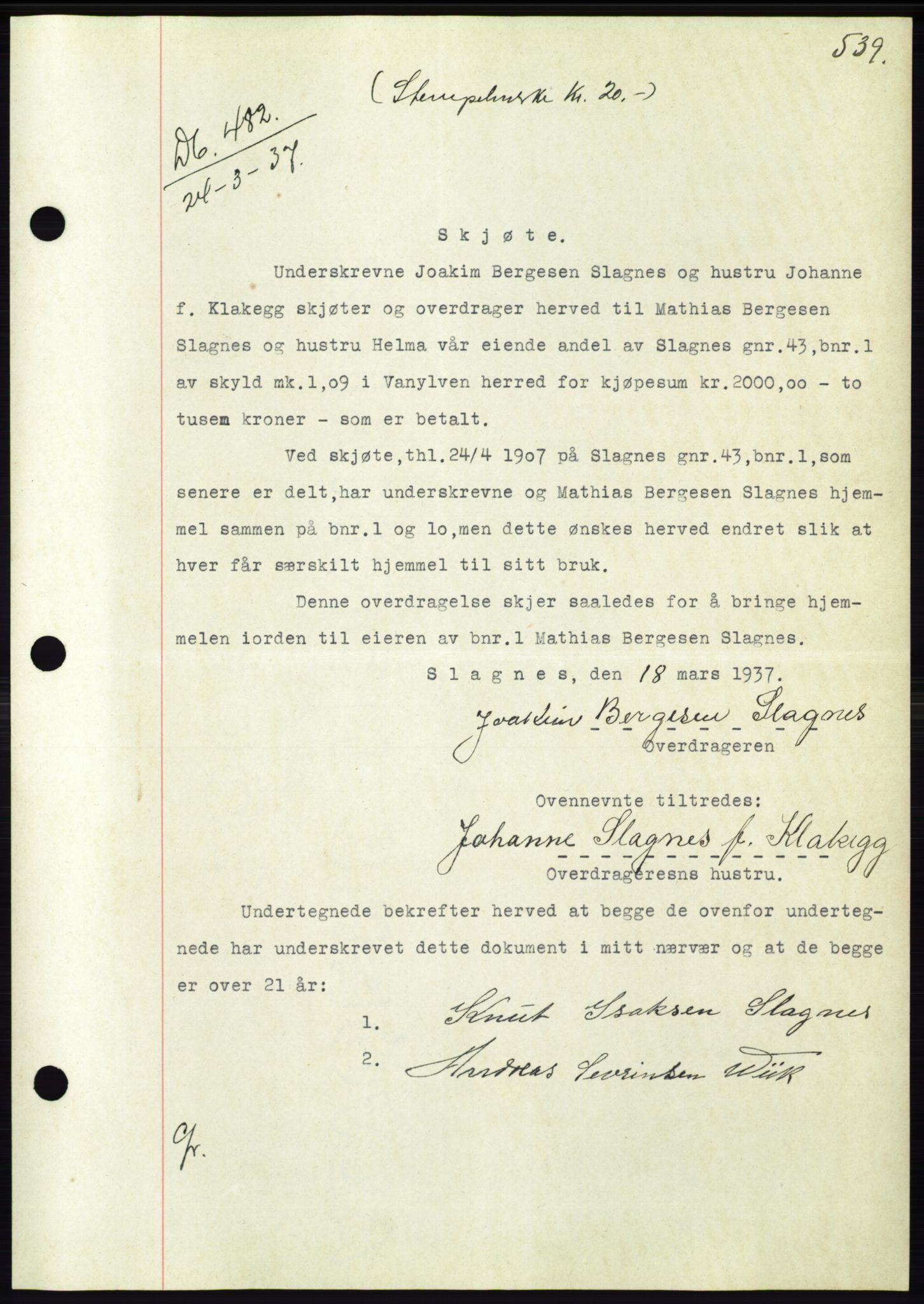 Søre Sunnmøre sorenskriveri, SAT/A-4122/1/2/2C/L0062: Mortgage book no. 56, 1936-1937, Diary no: : 482/1937