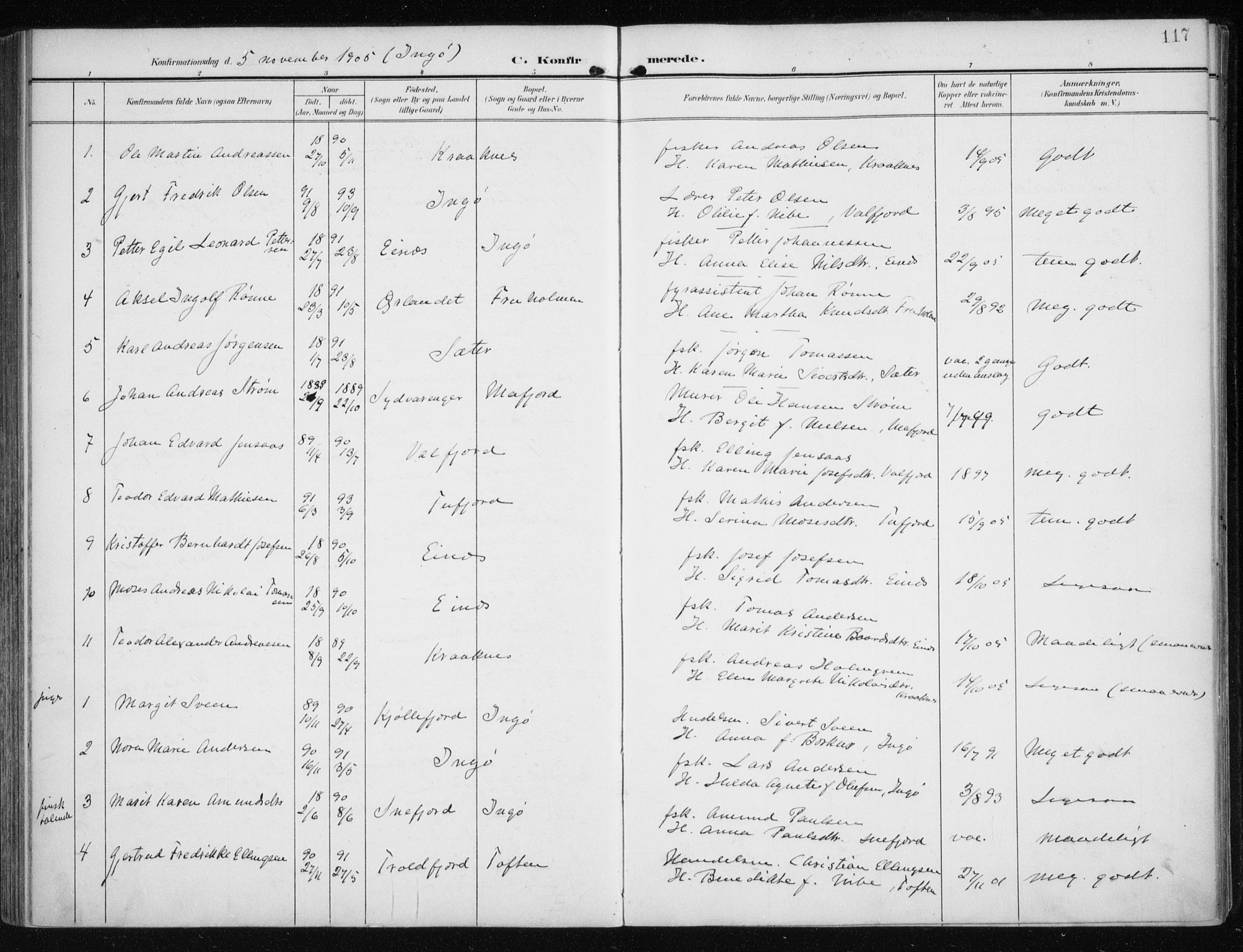 Måsøy sokneprestkontor, AV/SATØ-S-1348/H/Ha/L0009kirke: Parish register (official) no. 9, 1903-1914, p. 117