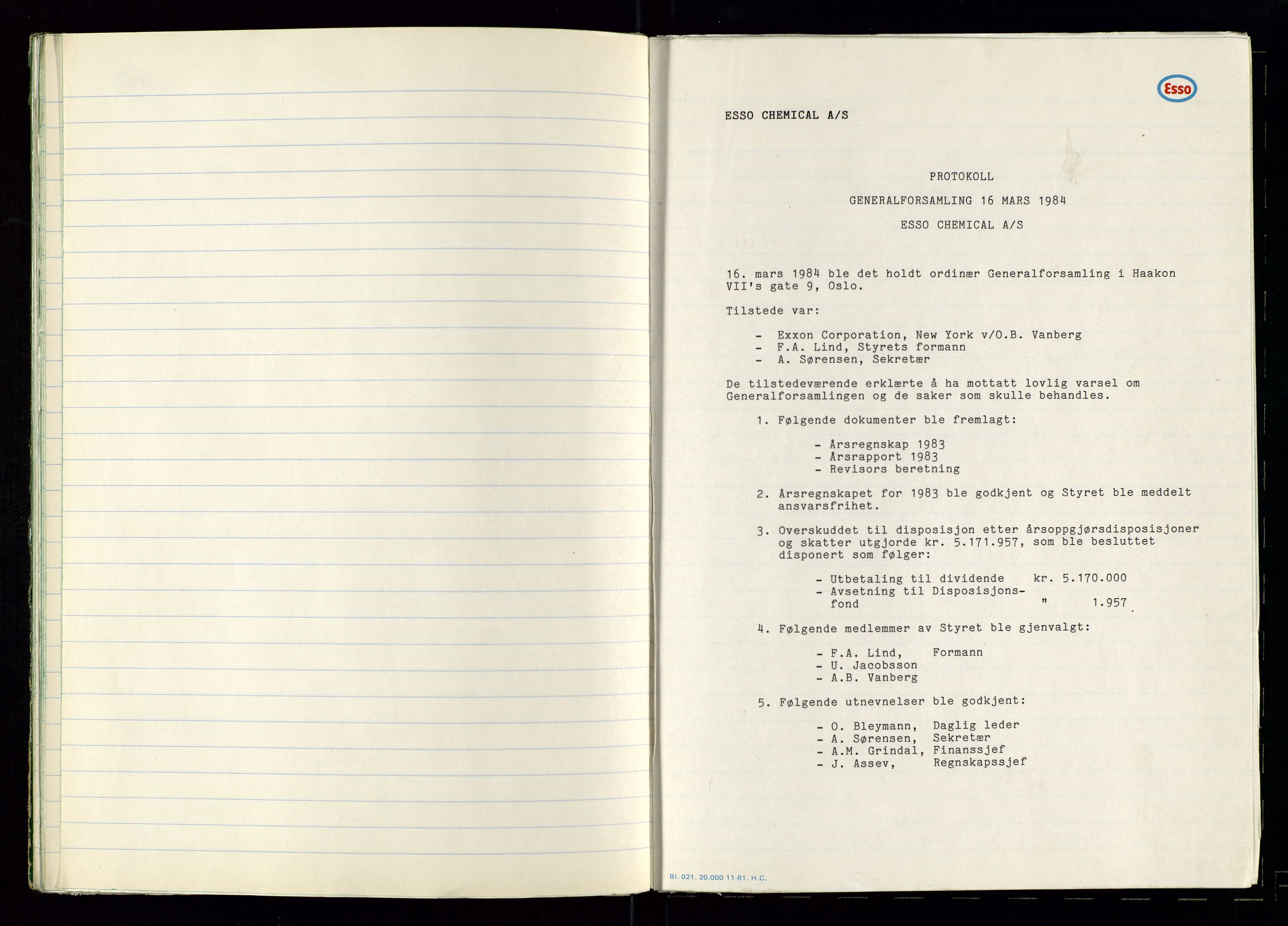 PA 1538 - Exxon Chemical Norge A/S, SAST/A-101958/A/Aa/L0001/0002: Generalforsamlinger og styreprotokoller / Protokoll for generalforsamlinger, 1966-1996