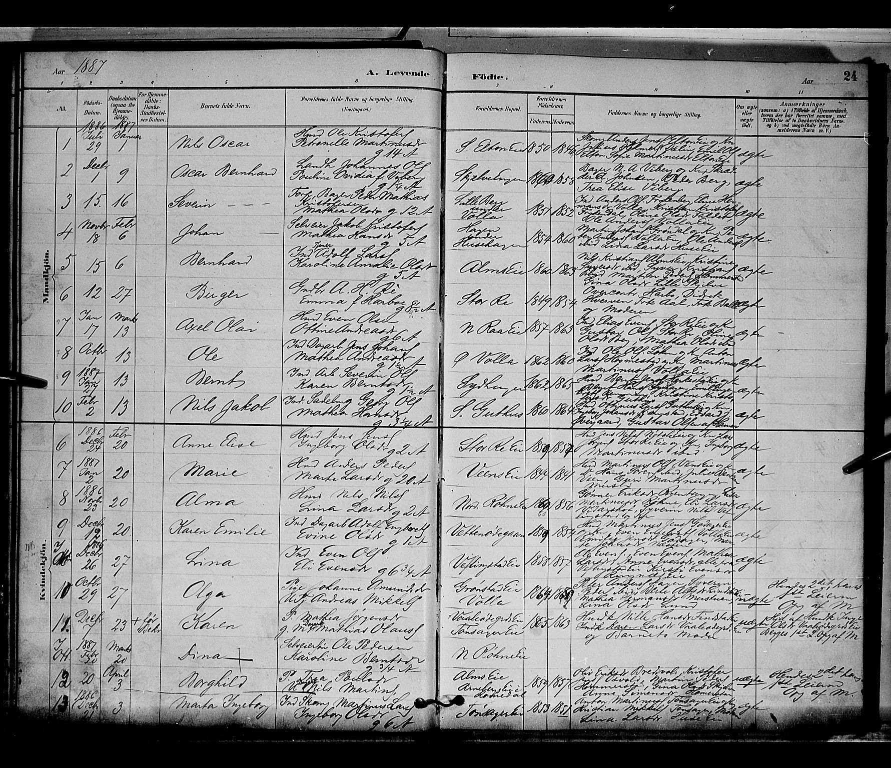 Stange prestekontor, AV/SAH-PREST-002/L/L0009: Parish register (copy) no. 9, 1883-1899, p. 24