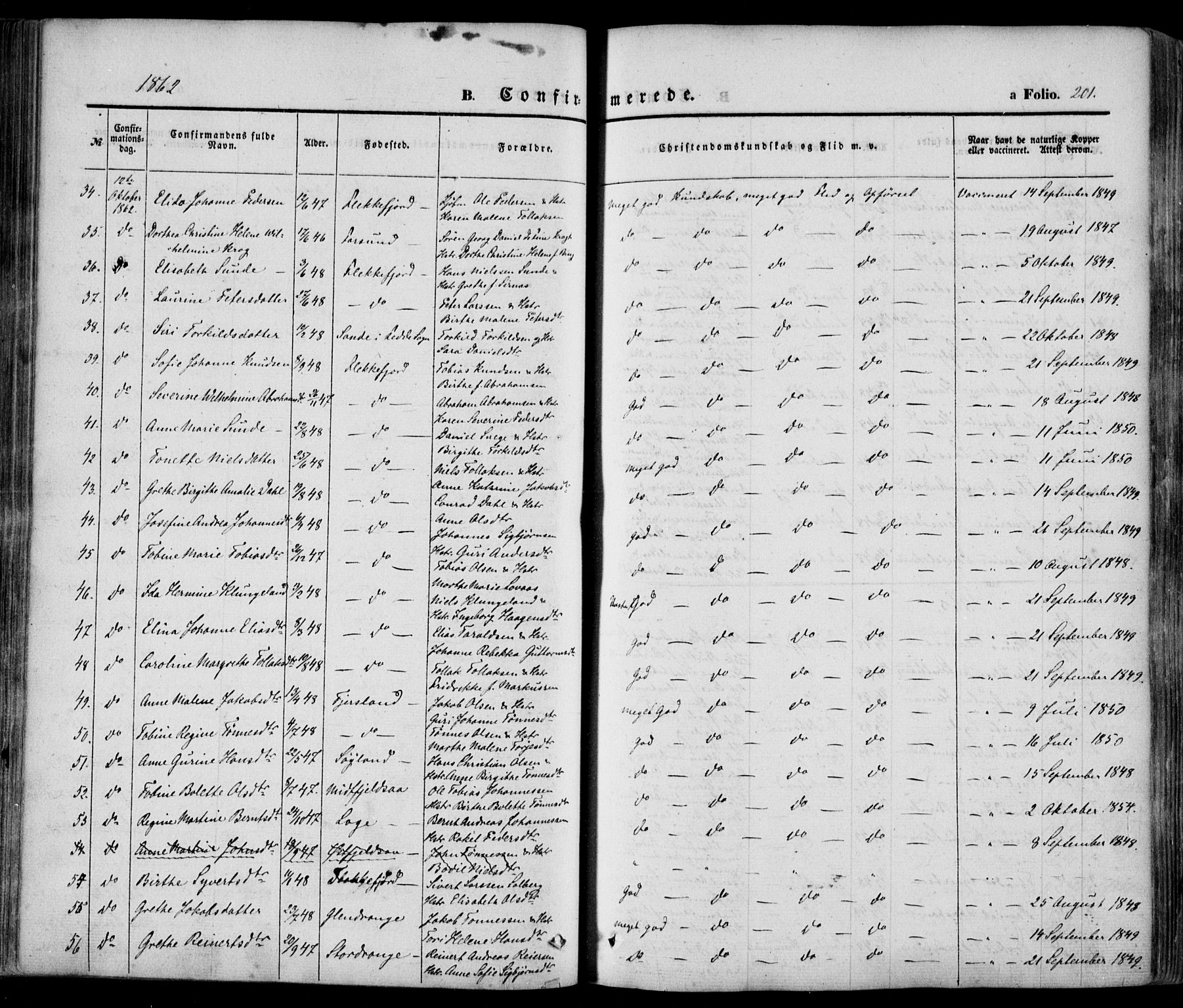 Flekkefjord sokneprestkontor, AV/SAK-1111-0012/F/Fa/Fac/L0005: Parish register (official) no. A 5, 1849-1875, p. 201