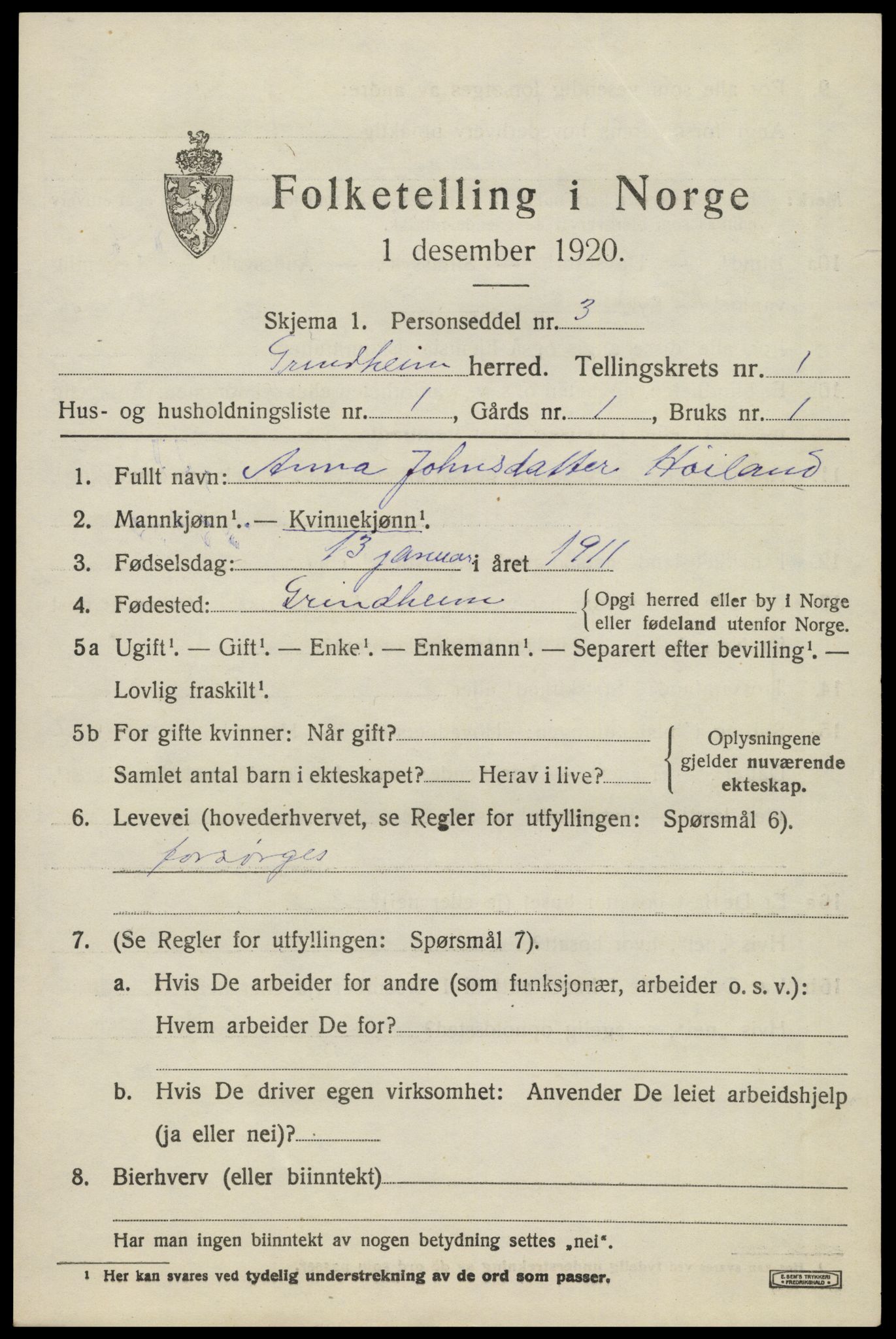 SAK, 1920 census for Grindheim, 1920, p. 407