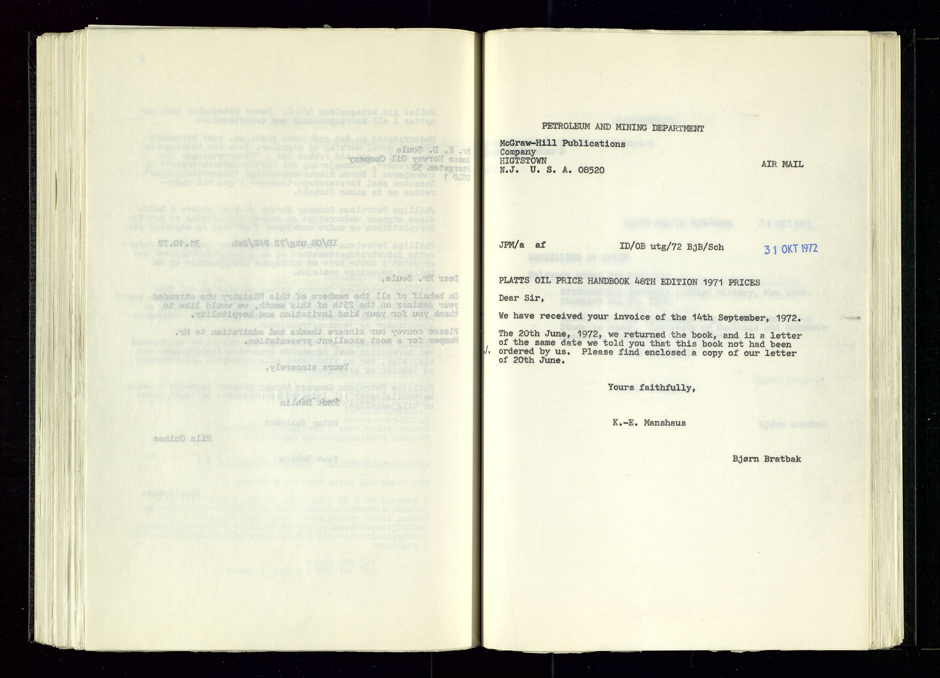 Industridepartementet, Oljekontoret, AV/SAST-A-101348/B/L0002: Kopibok, 1972