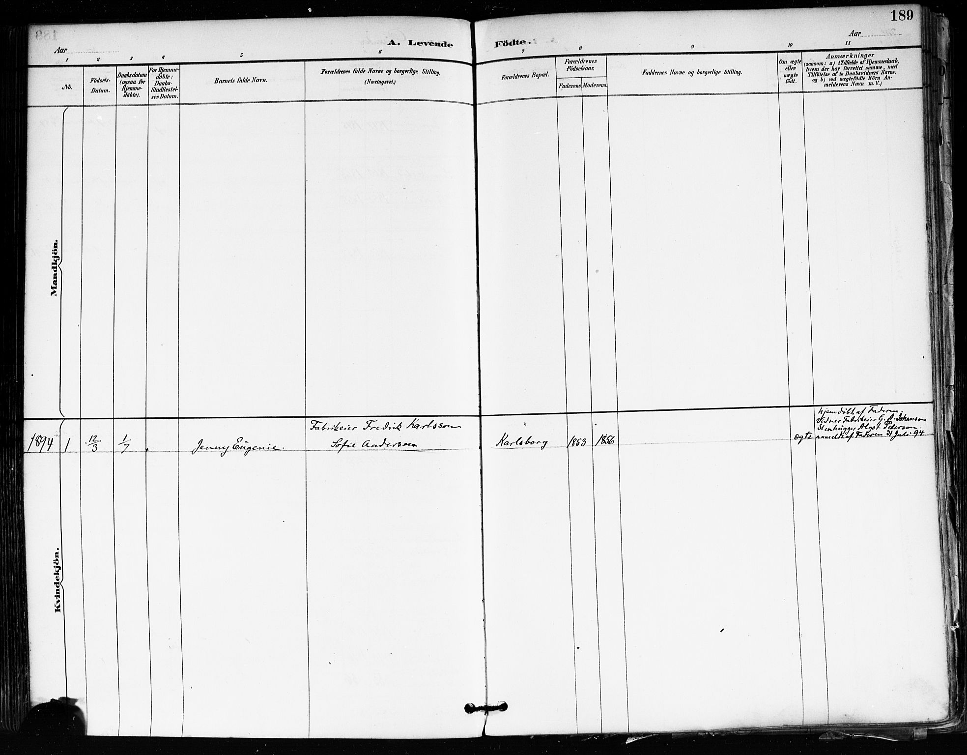 Tune prestekontor Kirkebøker, SAO/A-2007/F/Fa/L0018: Parish register (official) no. 18, 1887-1898, p. 189