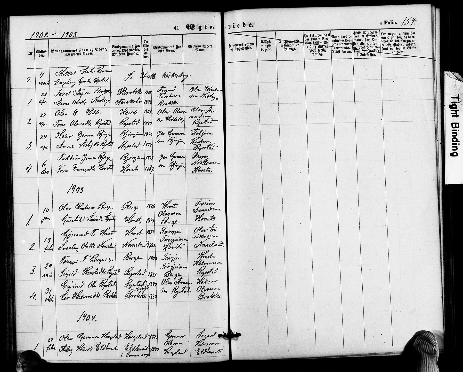 Valle sokneprestkontor, SAK/1111-0044/F/Fb/Fbb/L0002: Parish register (copy) no. B 2, 1875-1921, p. 154