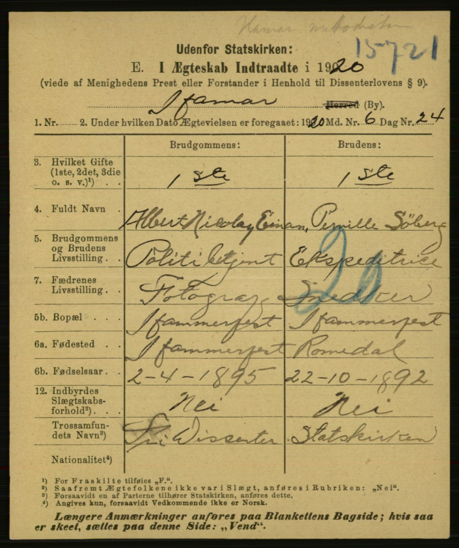 Statistisk sentralbyrå, Sosiodemografiske emner, Befolkning, AV/RA-S-2228/E/L0018: Fødte, gifte, døde dissentere., 1920, p. 2641