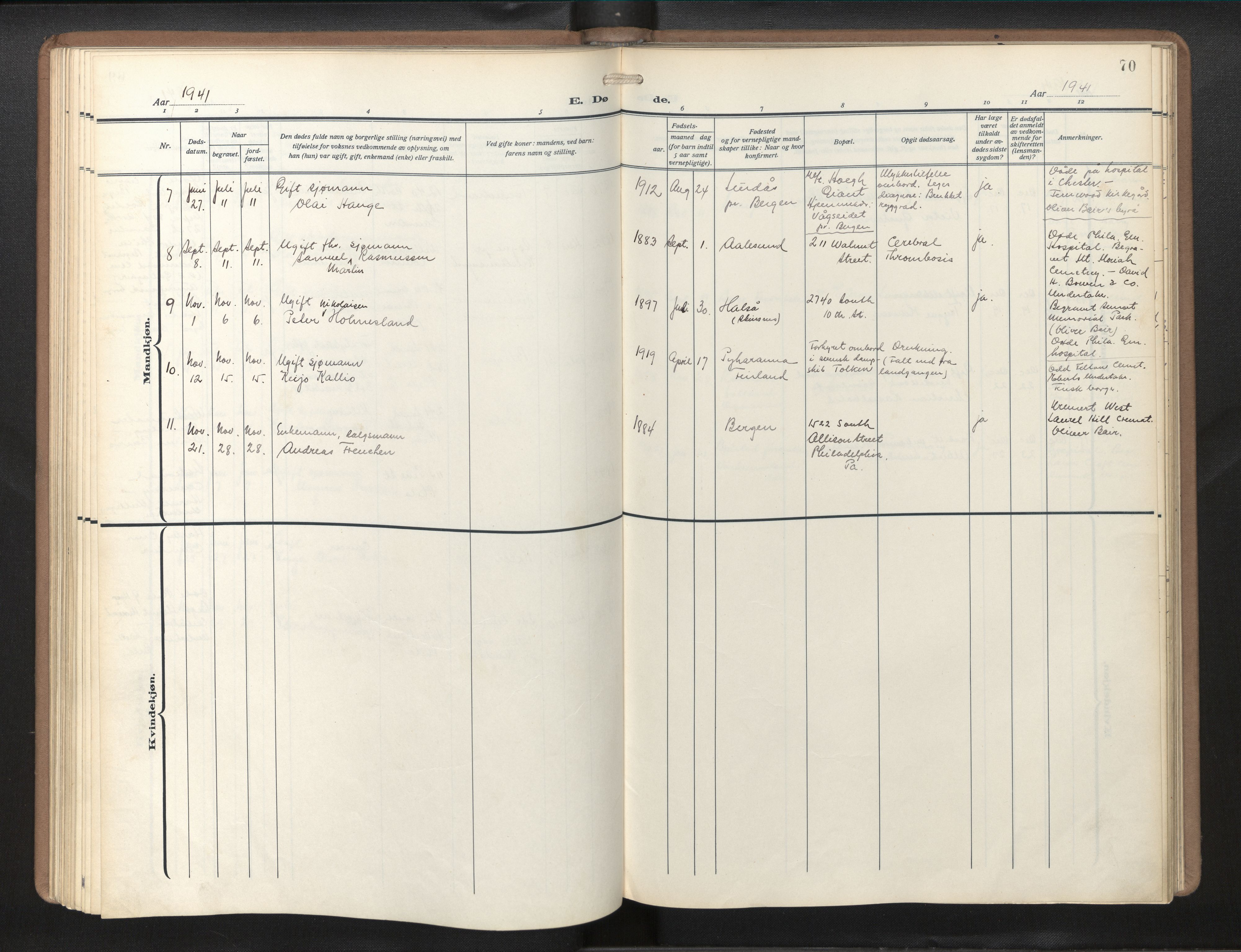 Den norske sjømannsmisjon i utlandet/Philadelphia, AV/SAB-SAB/PA-0113/H/Ha/L0002: Parish register (official) no. A 2, 1931-1957, p. 69b-70a