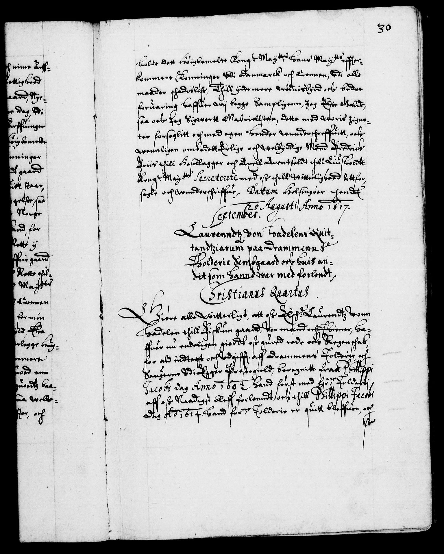 Danske Kanselli 1572-1799, RA/EA-3023/F/Fc/Fca/Fcaa/L0004: Norske registre (mikrofilm), 1617-1630, p. 30a