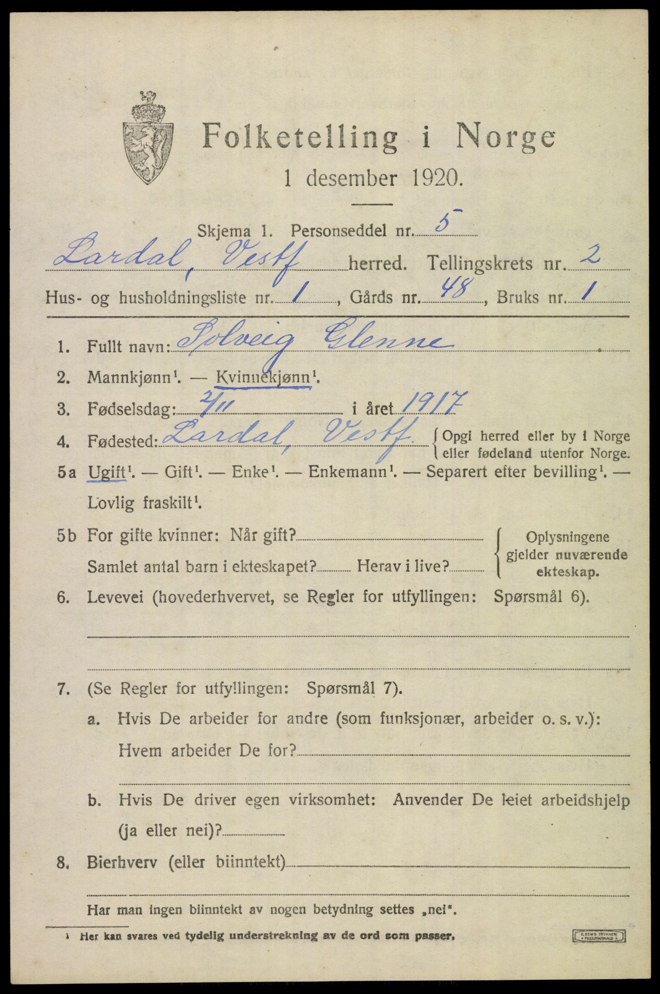 SAKO, 1920 census for Lardal, 1920, p. 1985