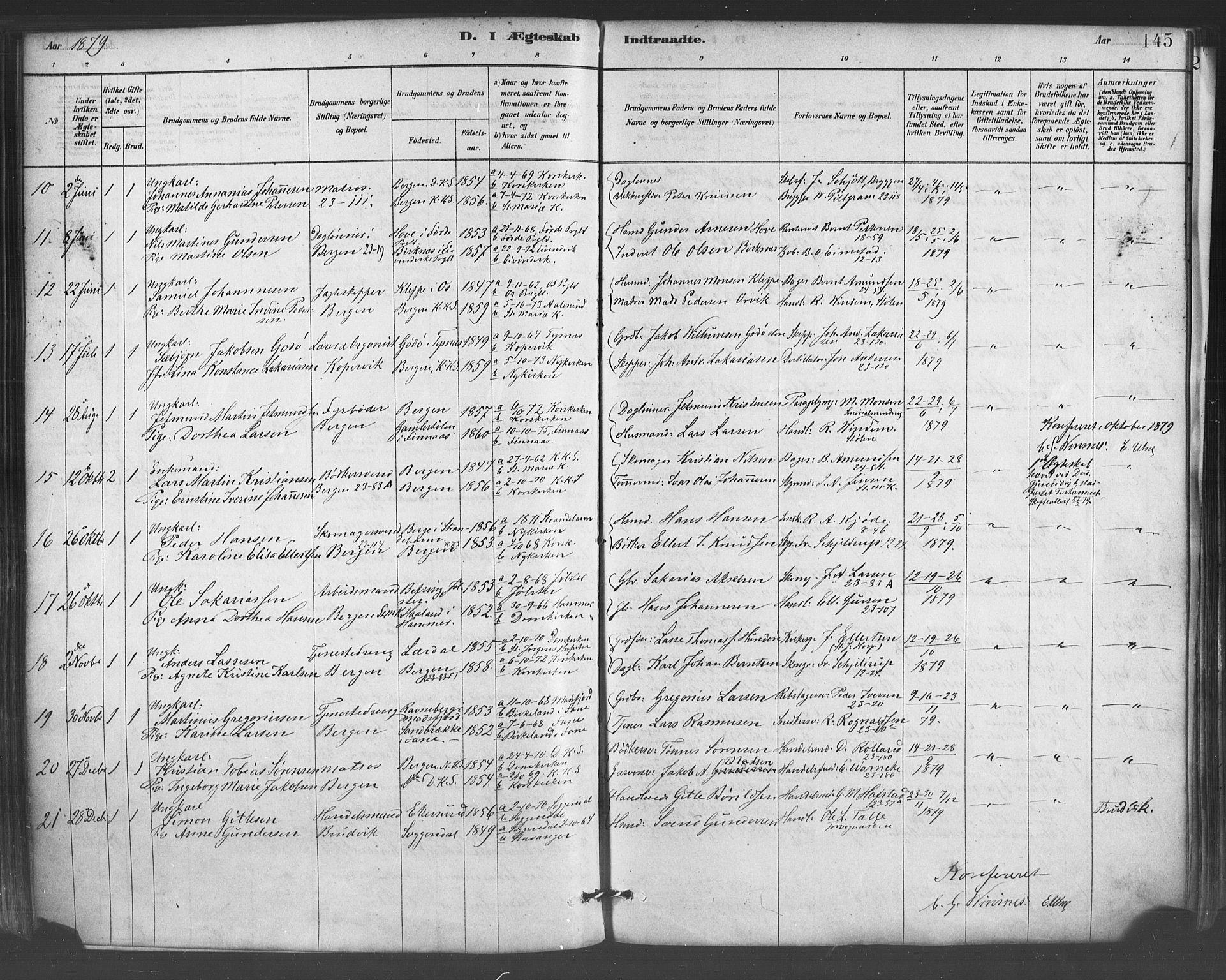 Mariakirken Sokneprestembete, AV/SAB-A-76901/H/Haa/L0007: Parish register (official) no. A 7, 1878-1893, p. 145