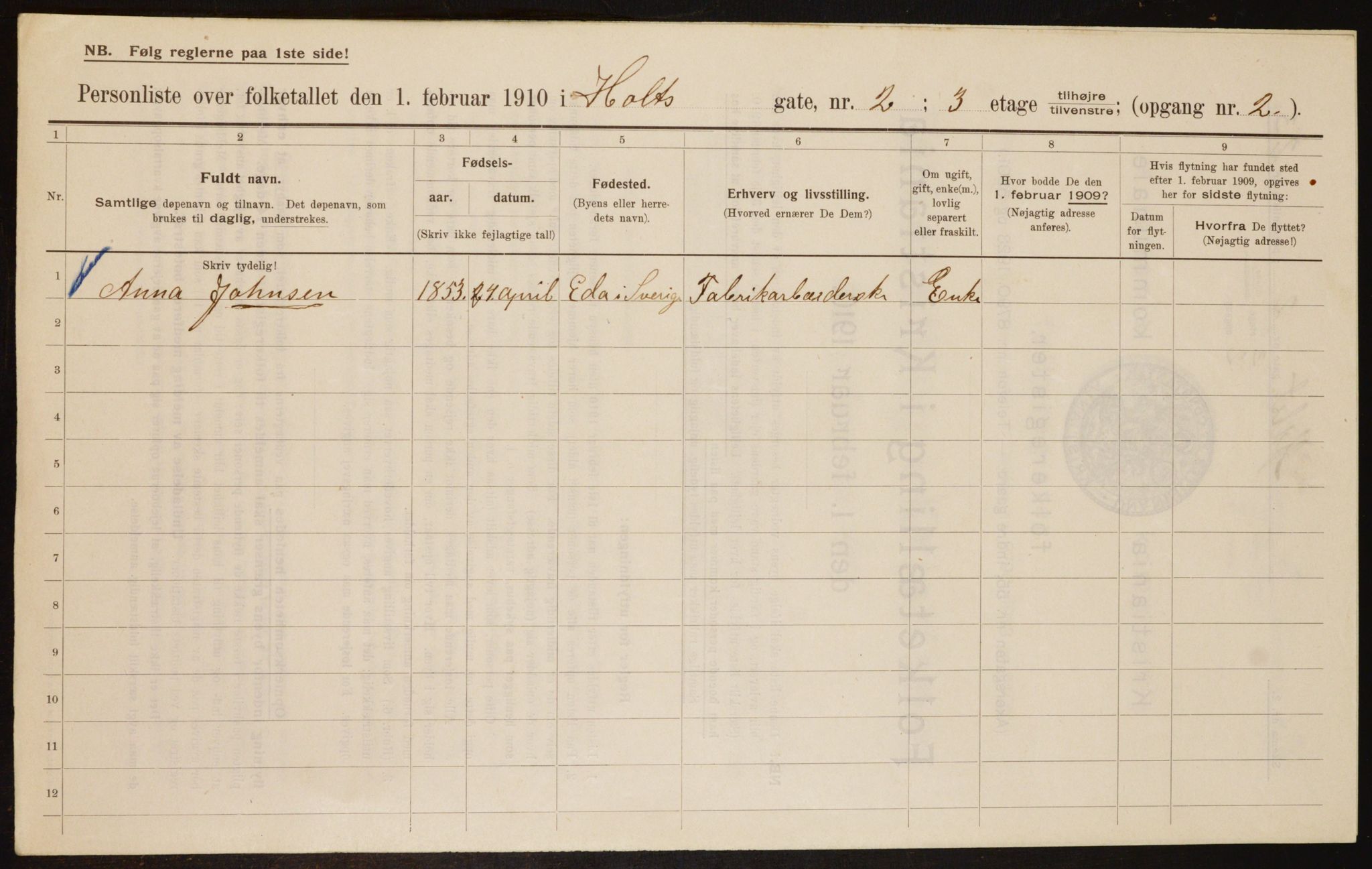 OBA, Municipal Census 1910 for Kristiania, 1910, p. 40136