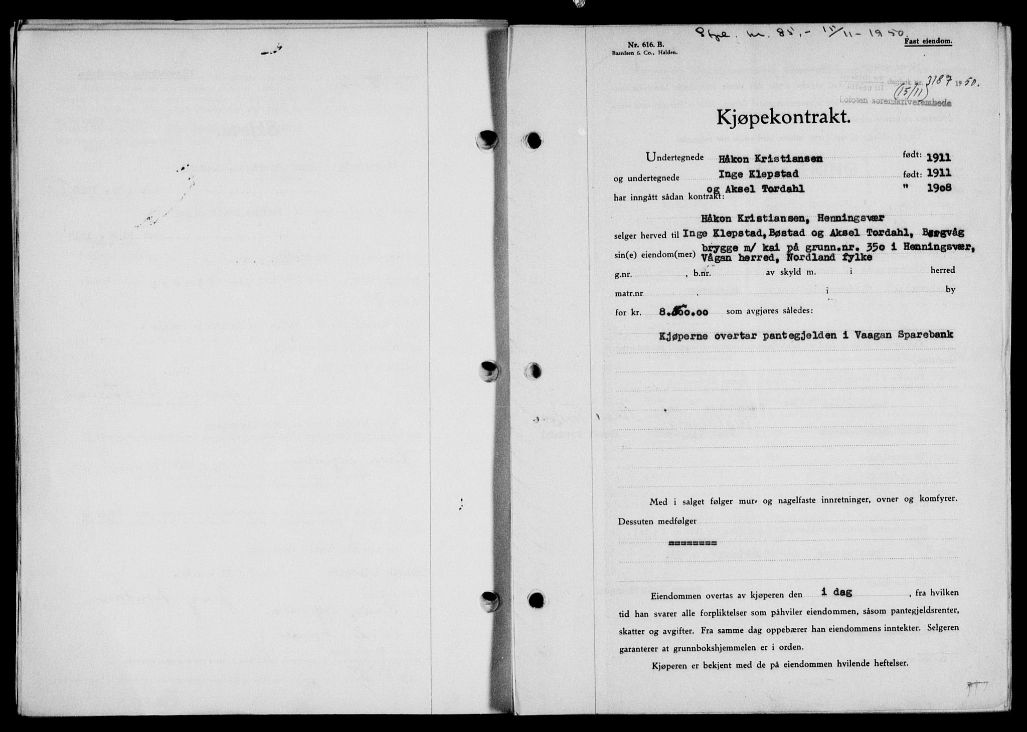 Lofoten sorenskriveri, SAT/A-0017/1/2/2C/L0025a: Mortgage book no. 25a, 1950-1951, Diary no: : 3187/1950