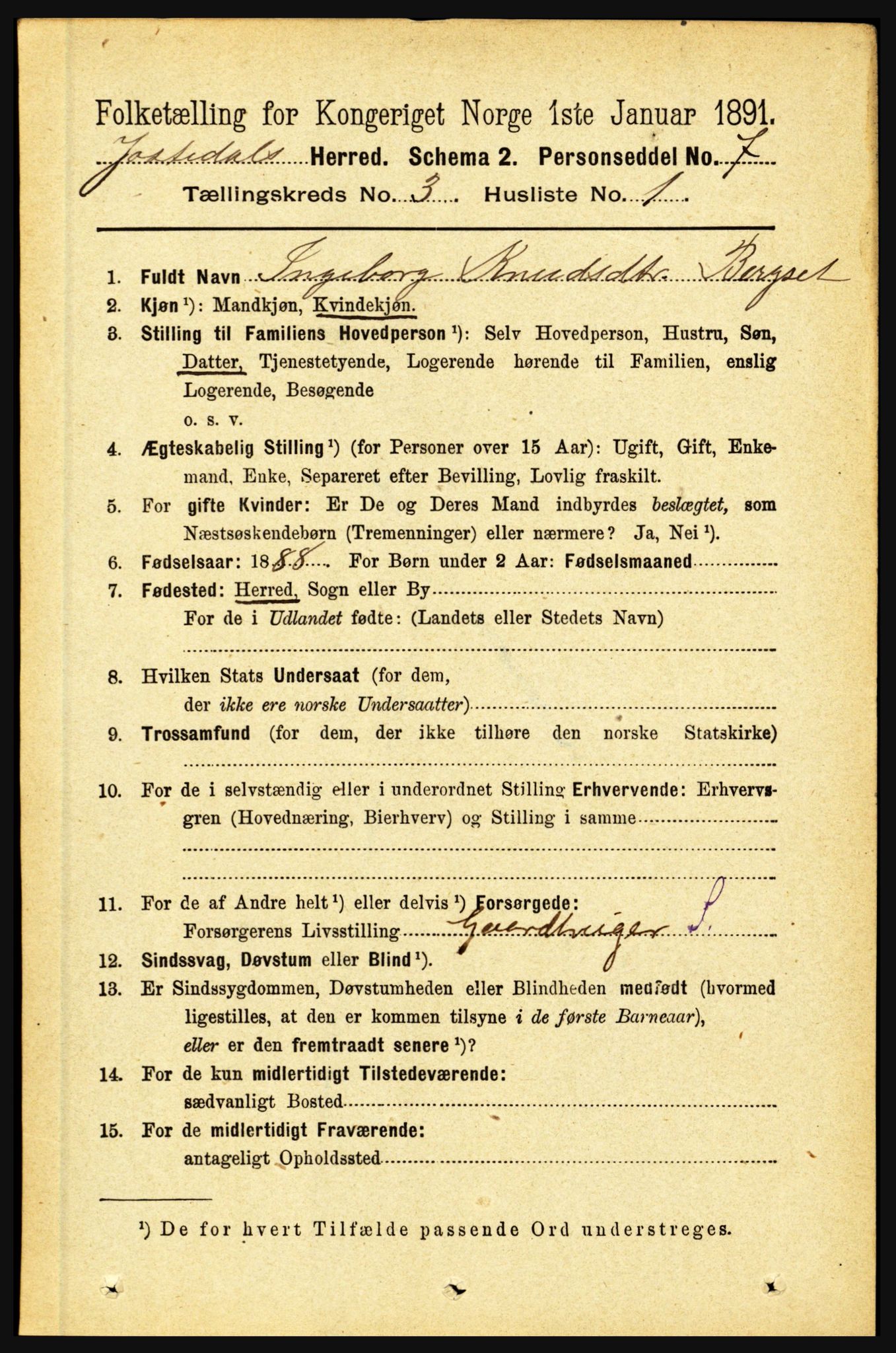 RA, 1891 census for 1427 Jostedal, 1891, p. 901