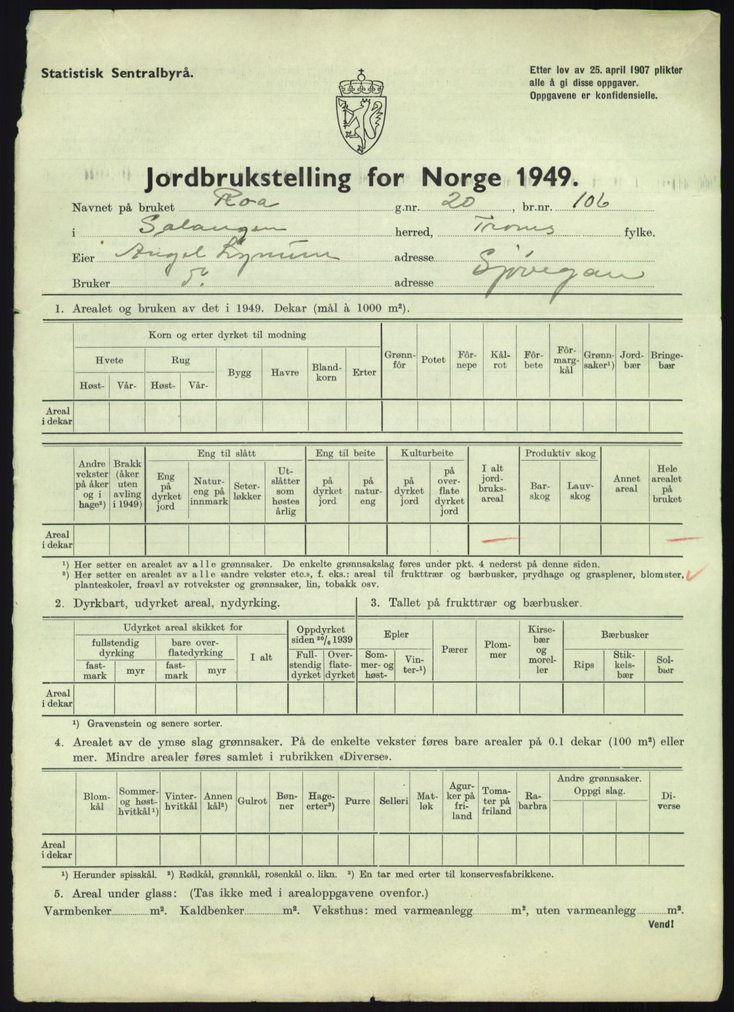 Statistisk sentralbyrå, Næringsøkonomiske emner, Jordbruk, skogbruk, jakt, fiske og fangst, AV/RA-S-2234/G/Gc/L0438: Troms: Salangen og Bardu, 1949, p. 5