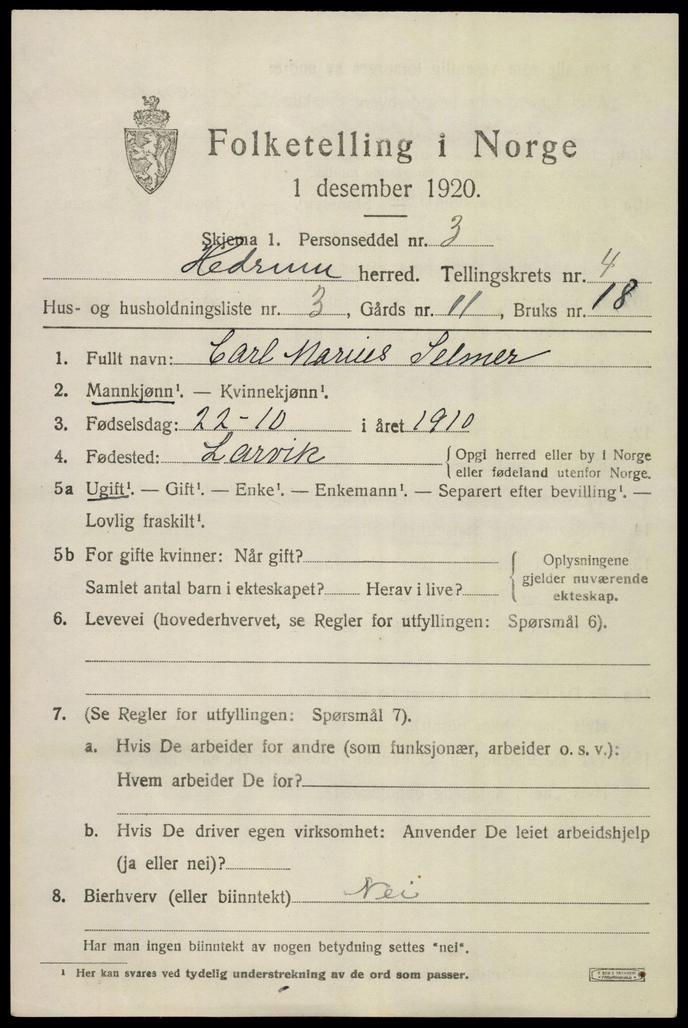 SAKO, 1920 census for Hedrum, 1920, p. 4037