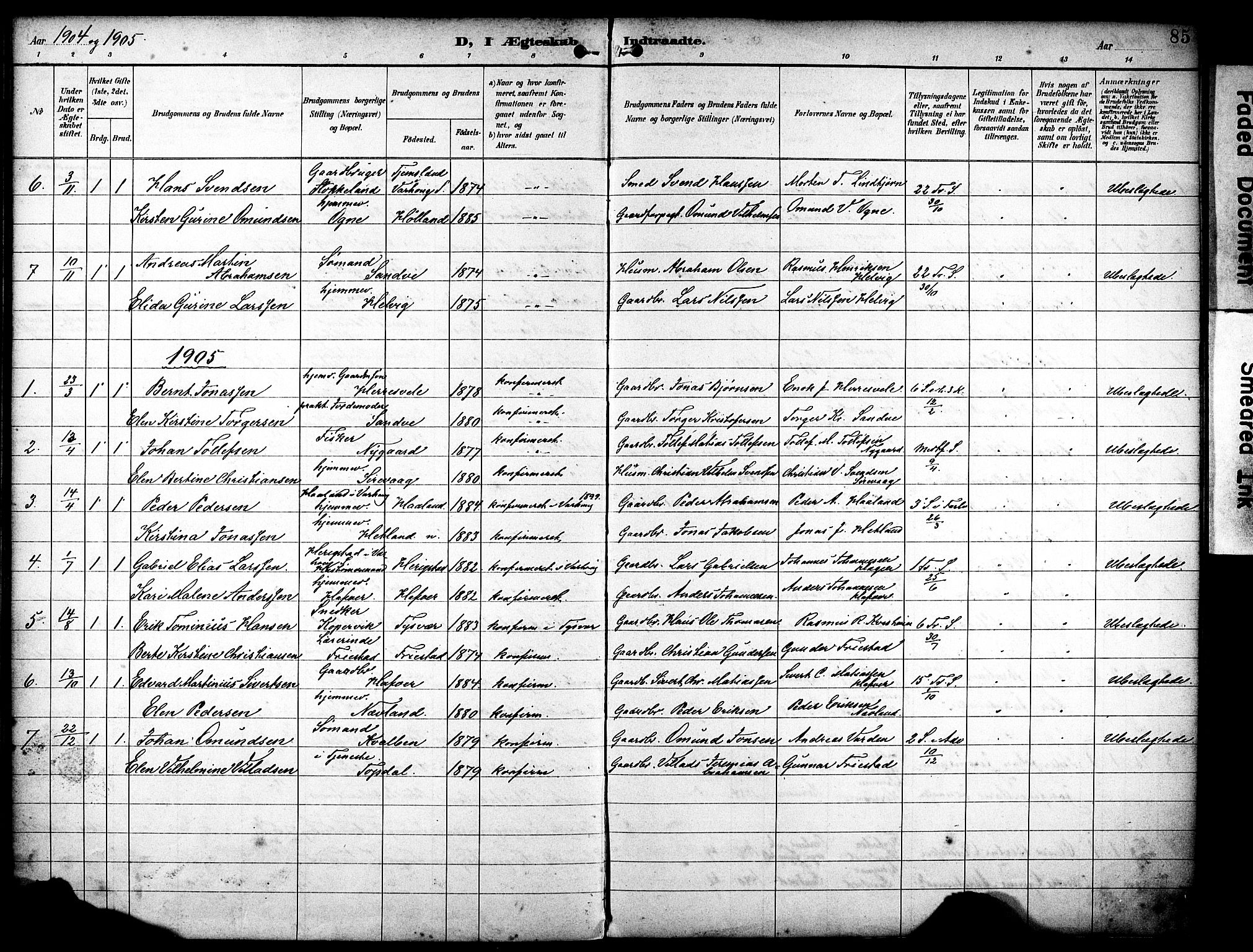 Eigersund sokneprestkontor, SAST/A-101807/S08/L0020: Parish register (official) no. A 19, 1893-1910, p. 85