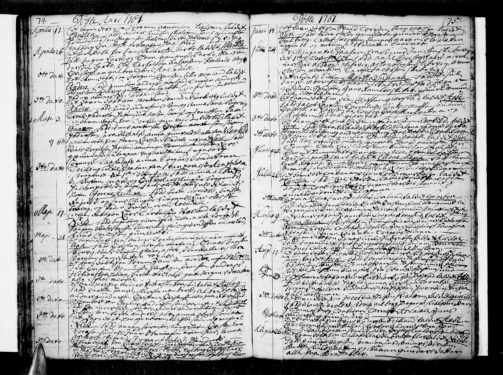 Tromøy sokneprestkontor, AV/SAK-1111-0041/F/Fa/L0001: Parish register (official) no. A 1, 1747-1793, p. 74-75