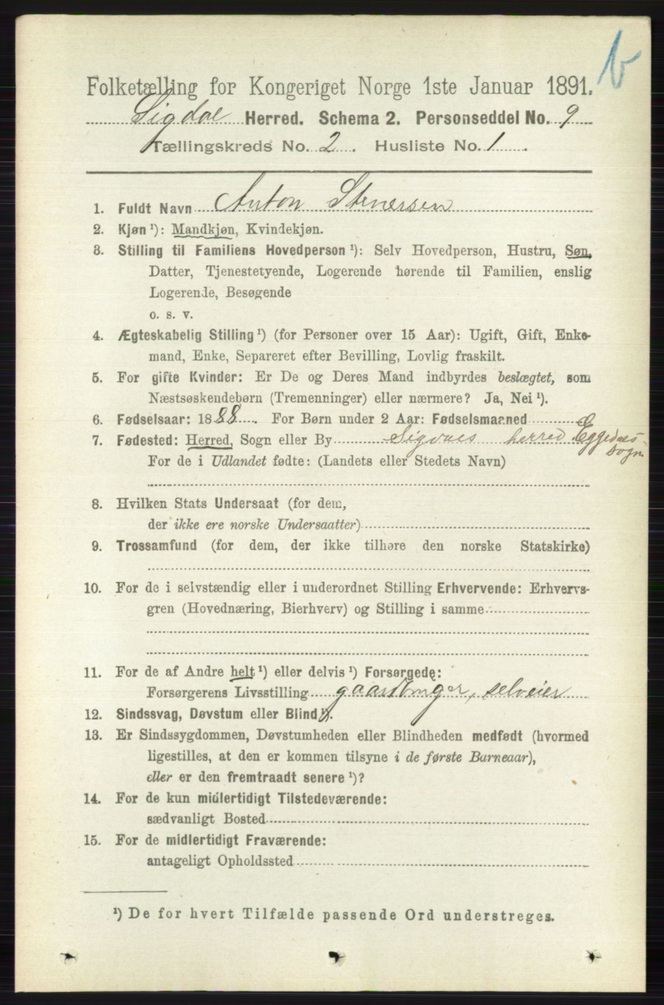 RA, 1891 census for 0621 Sigdal, 1891, p. 3926