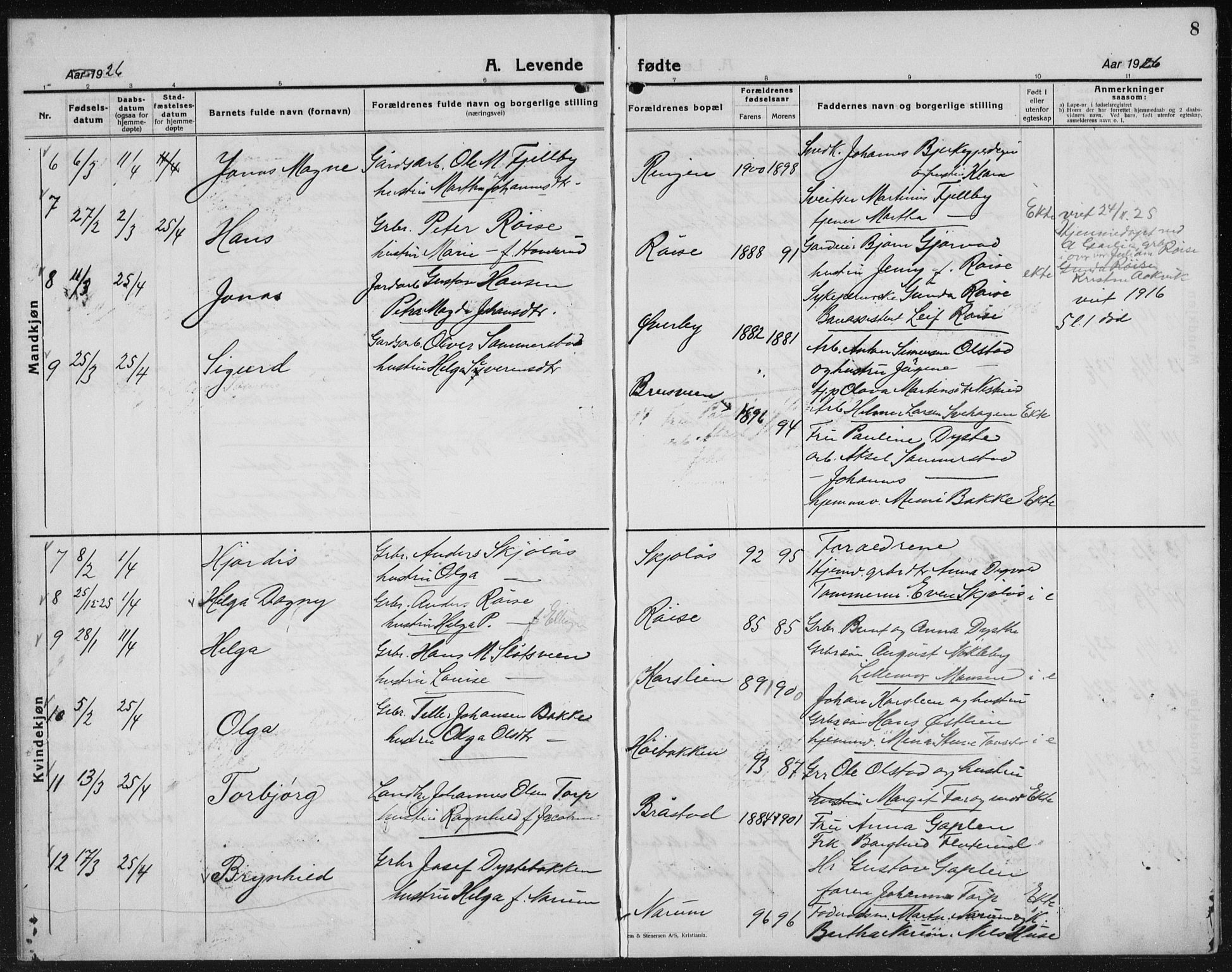 Kolbu prestekontor, SAH/PREST-110/H/Ha/Hab/L0002: Parish register (copy) no. 2, 1925-1942, p. 8