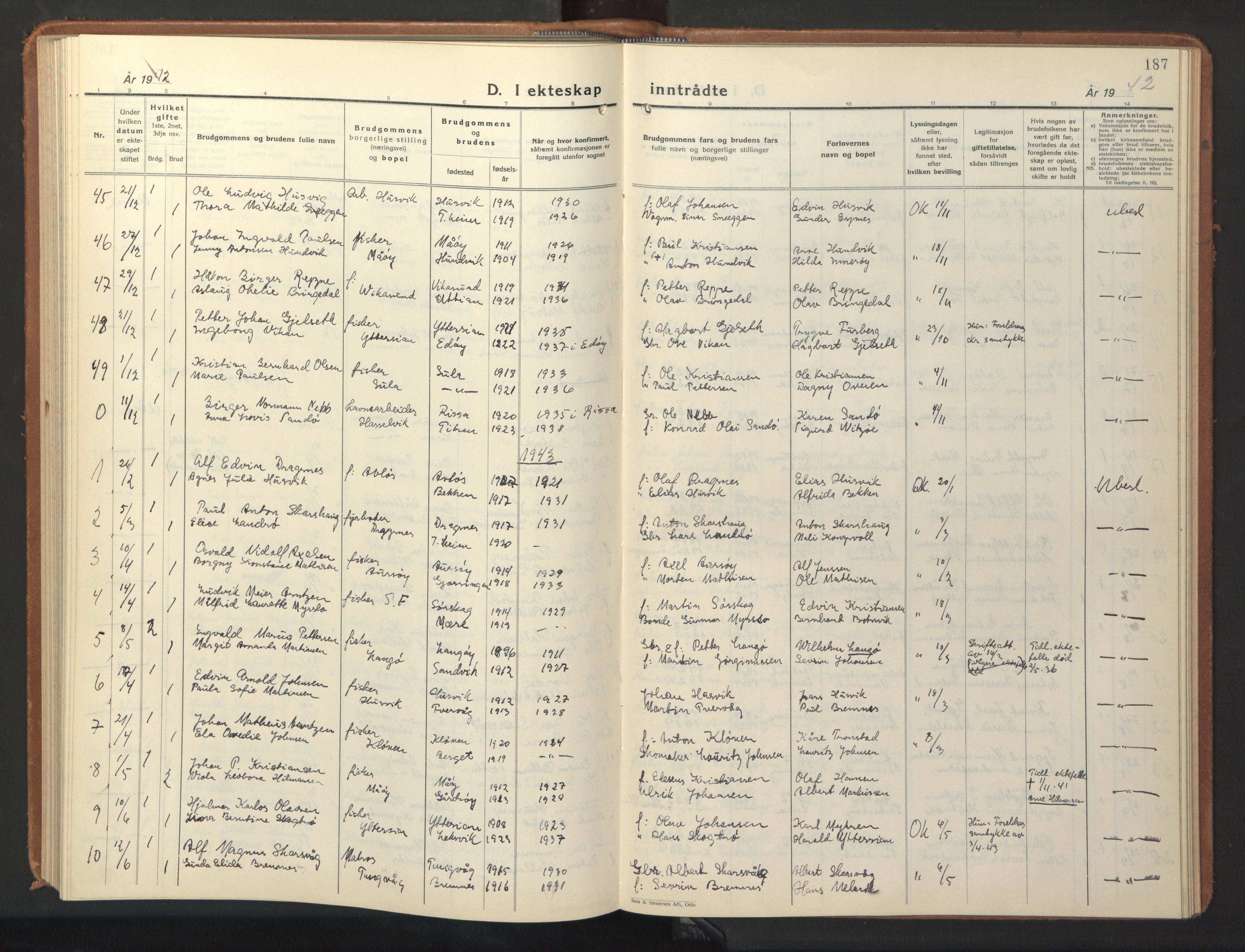 Ministerialprotokoller, klokkerbøker og fødselsregistre - Sør-Trøndelag, SAT/A-1456/640/L0590: Parish register (copy) no. 640C07, 1935-1948, p. 187