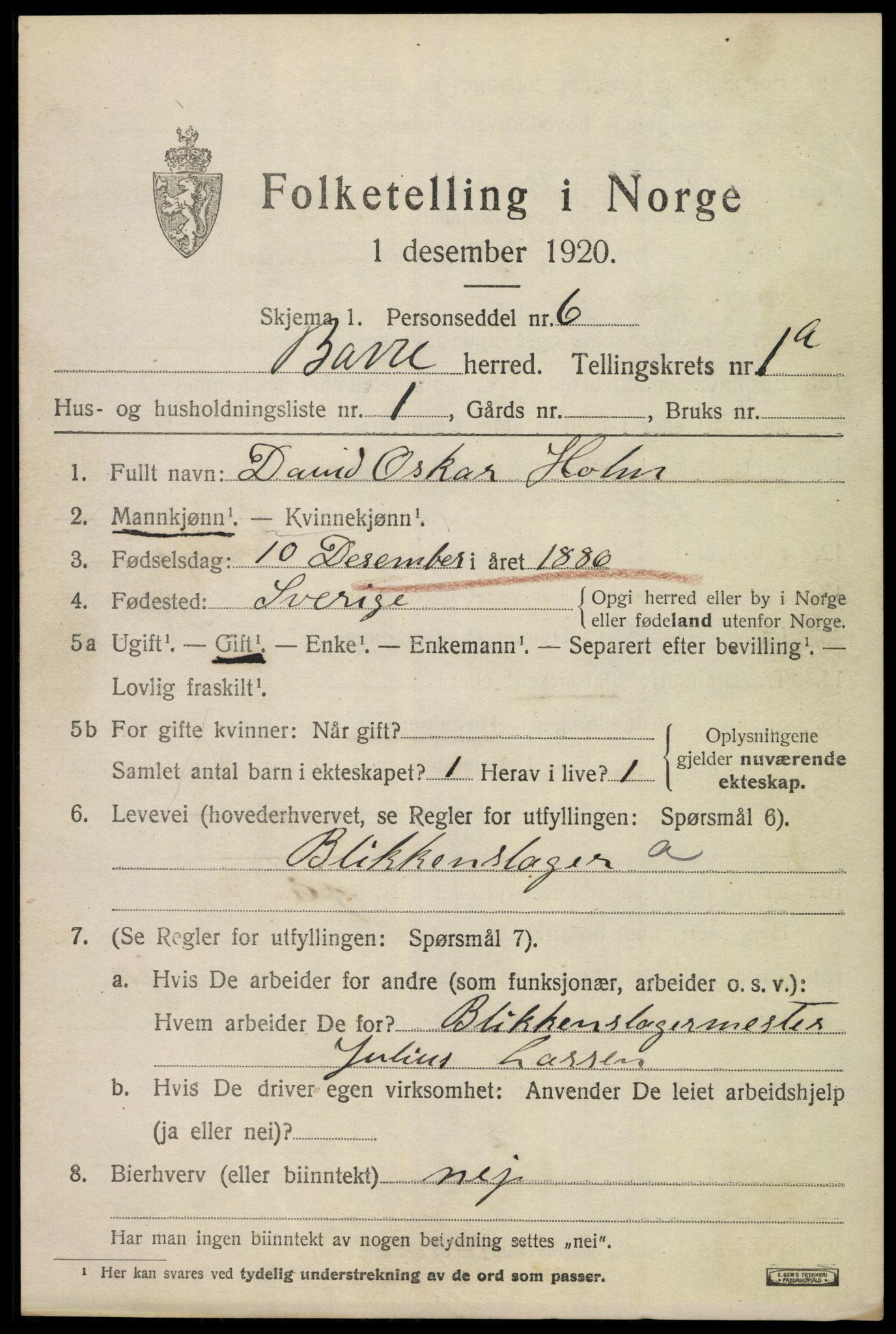 SAKO, 1920 census for Borre, 1920, p. 1388